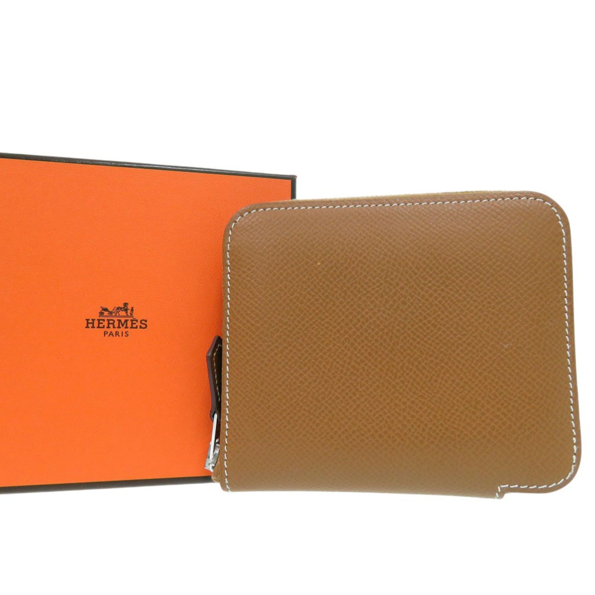 Hermes Hermès Azap Compact Silkin Gold Round Wallet in Brown Leather with W Stamp, 1635