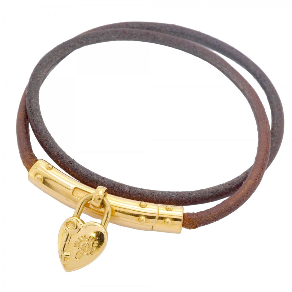 Hermes Hermès Viviride Fantasy Heart Bracelet Choker, GP Plated Leather, Gold and Brown, Women's