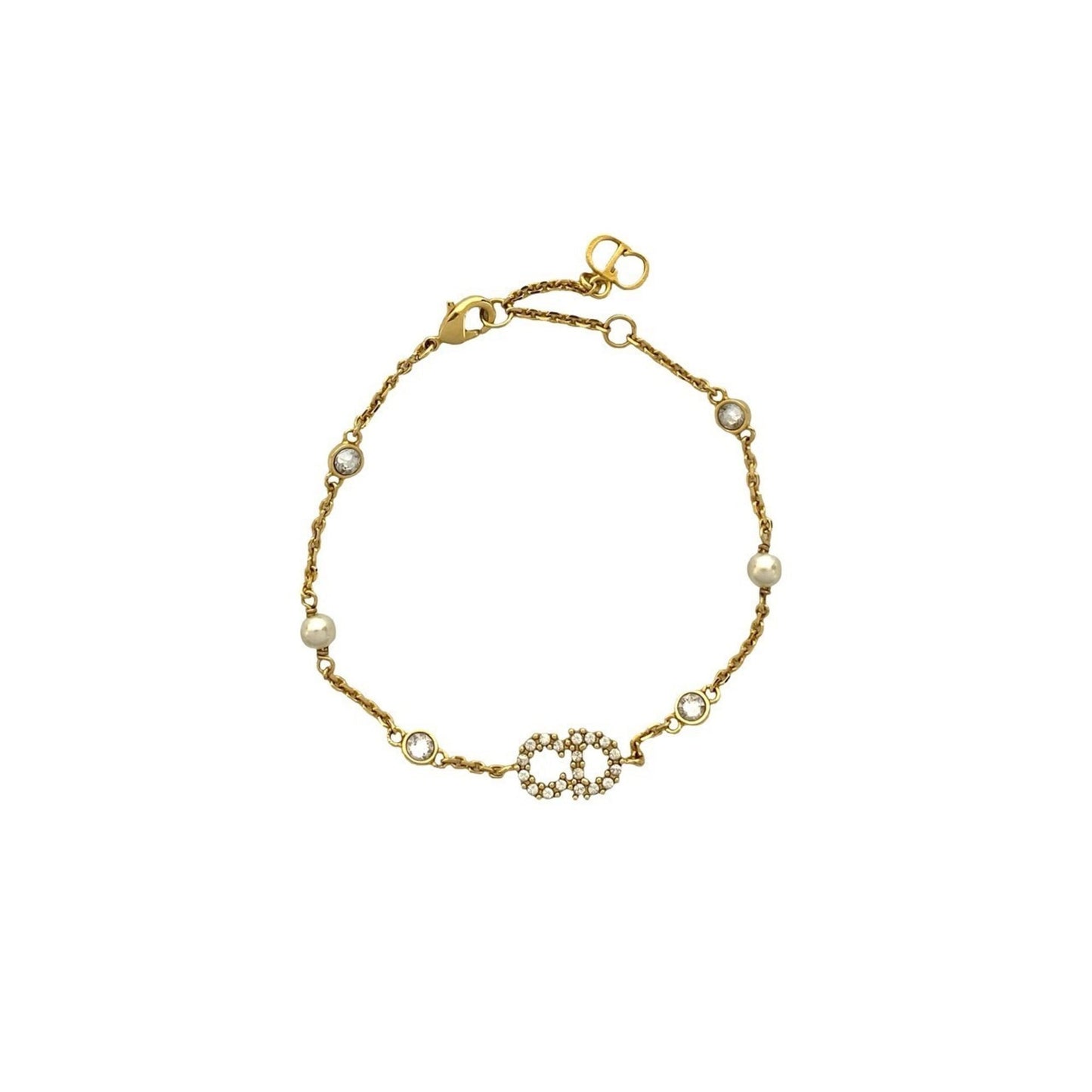 Christian Dior CD Logo GP Rhinestone and Faux Pearl Bracelet in Gold 04991
