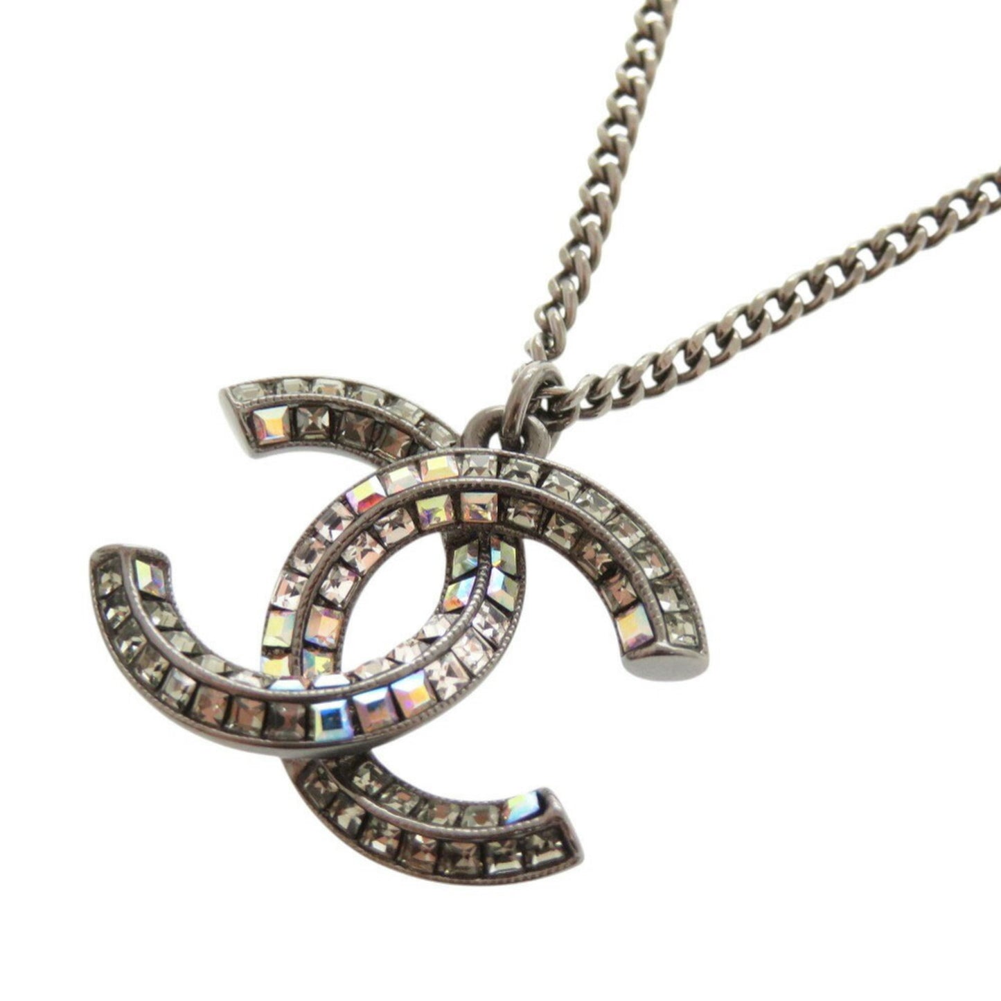 Chanel Coco Mark Metal Rhinestone Gunmetal Necklace 0076CHANEL
