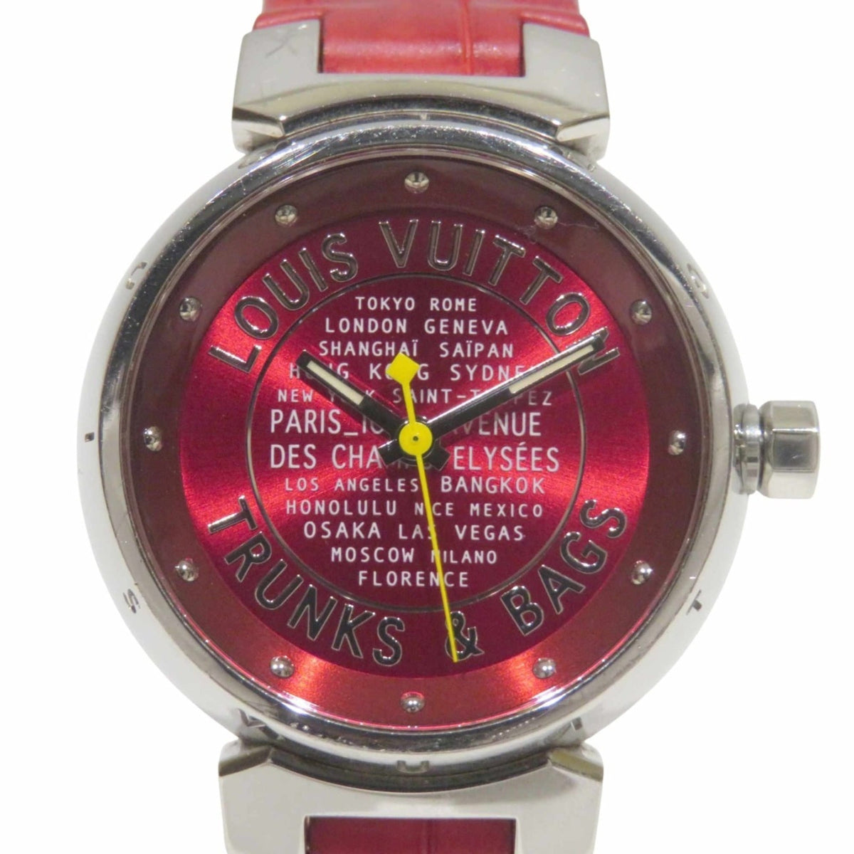 Louis Vuitton Tambour TRUNKS & BAGS wristwatch, total weight 34.8g, stainless steel, genuine leather strap, quartz movement, red dial, Q121N — Good