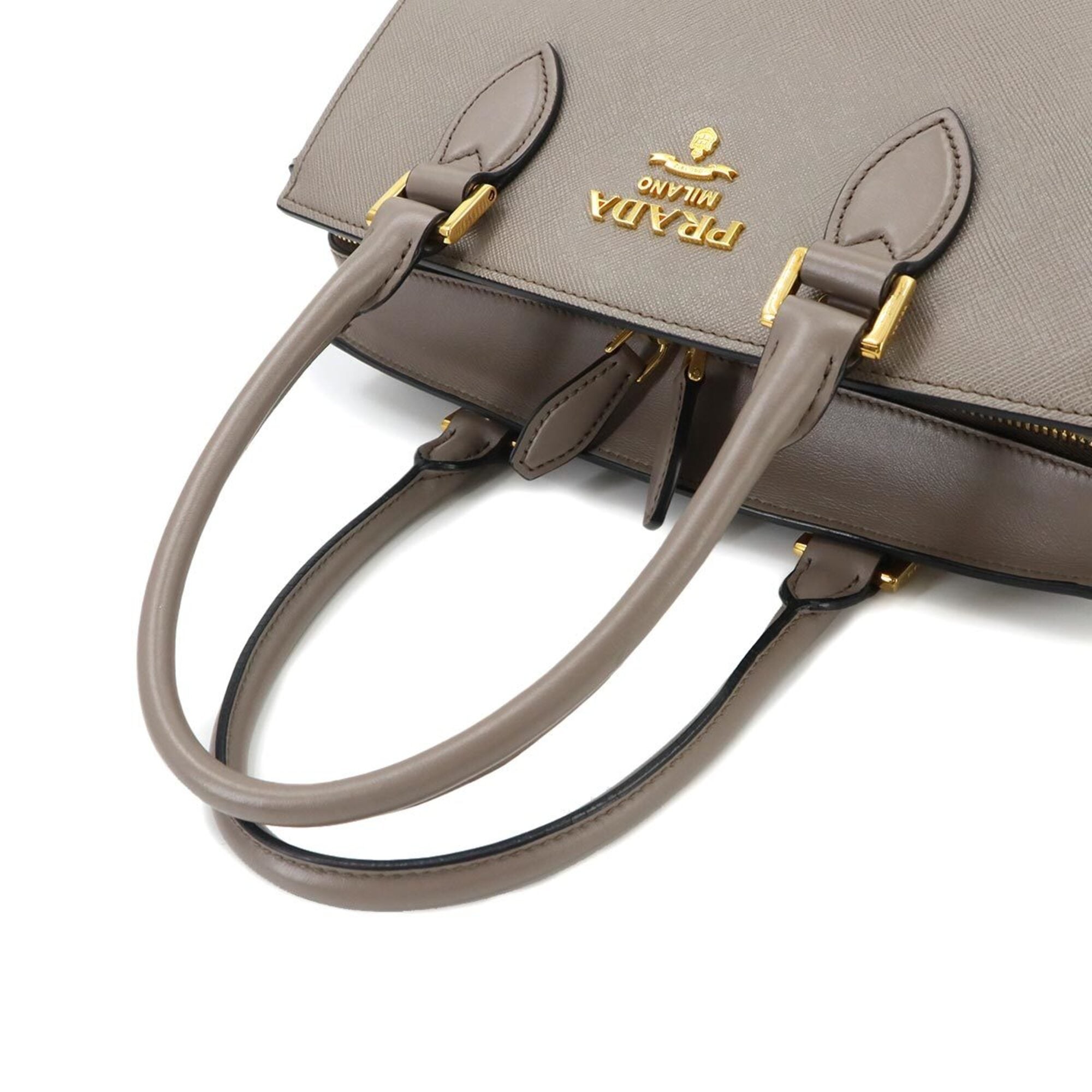 Prada Saffiano 2-way Hand/Shoulder Handbag, Gray Leather, 1BA164, Gold Hardware — Like New