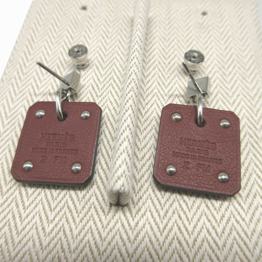 Hermes Asdukur Z engraved heart leather metal brown silver earrings 1256HERMES — Like New