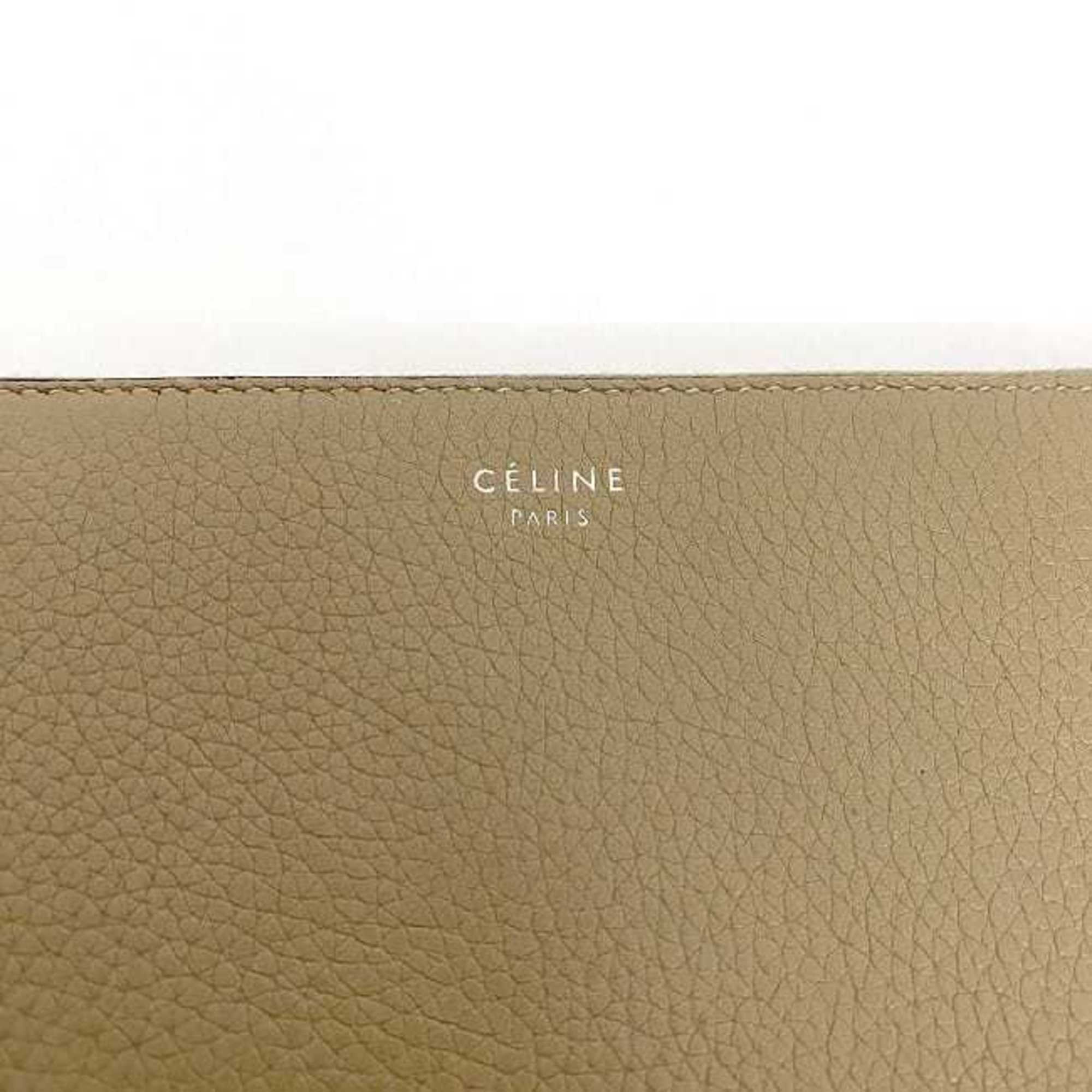 CELINE Round Long Wallet Beige Red Silver Leather Zip Ladies