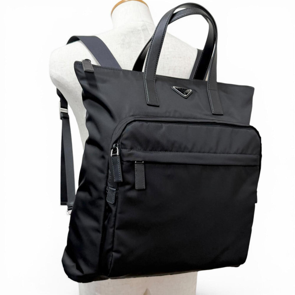PRADA 2VG098 Triangle Logo Saffiano Leather Re-Nylon 2-Way Backpack Tote Bag Black Made in Italy Men's with Dust — Like New