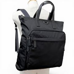 PRADA 2VG098 Triangle Logo Saffiano Leather Re-Nylon 2-Way Backpack Tote Bag Black Made in Italy Men's with Dust — Like New