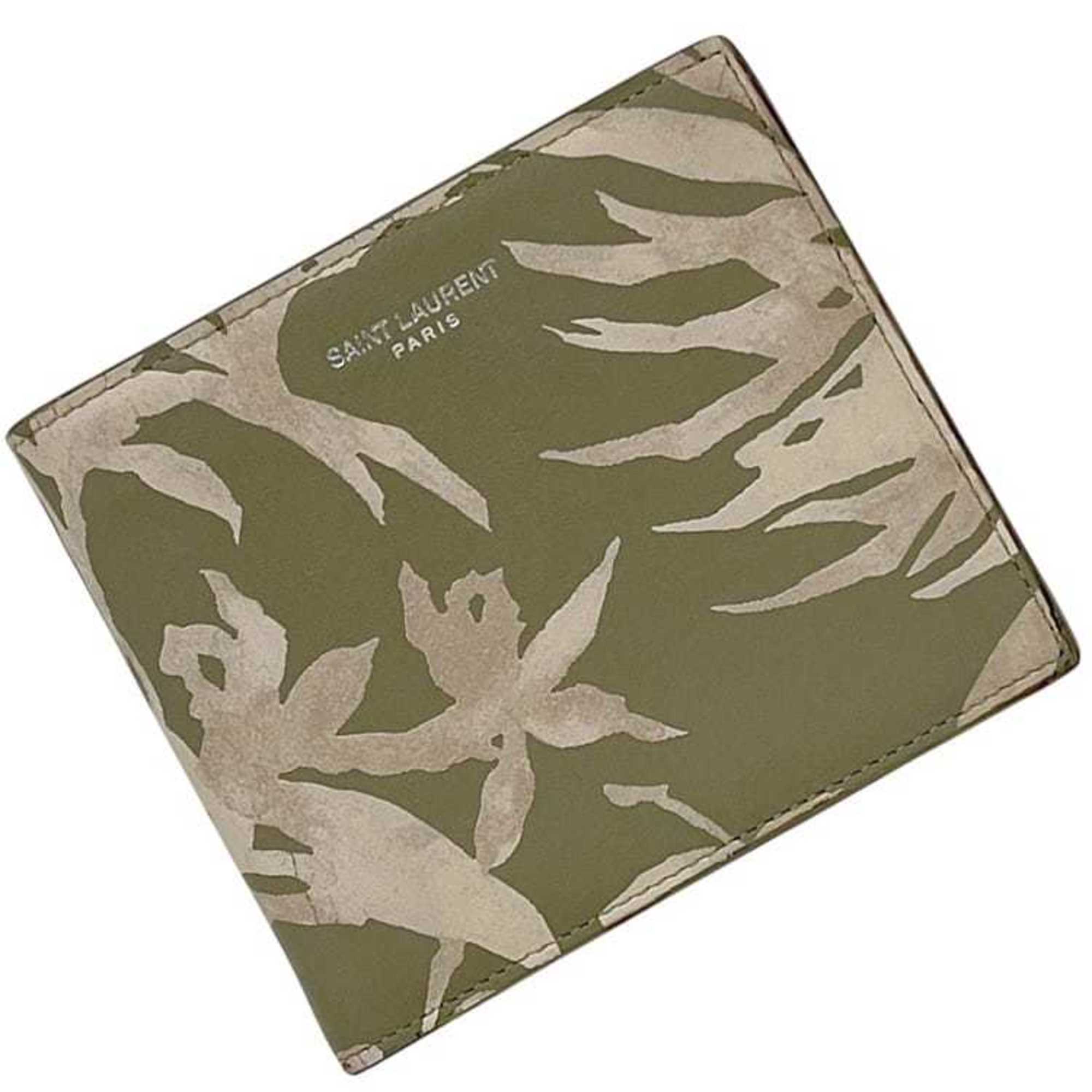 Saint Laurent bifold wallet f-24348 khaki green/beige 396307 leather 0121 SAINT LAURENT PARIS compact grass plant shadow men's women's folding