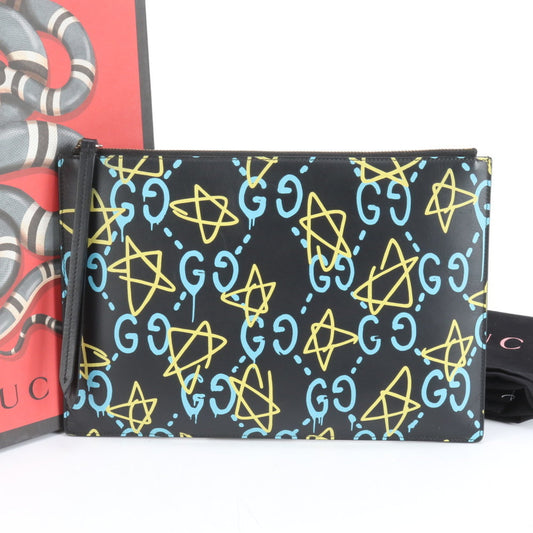 Gucci Ghost Leather Clutch Bag 445597 Pouch Black Men's