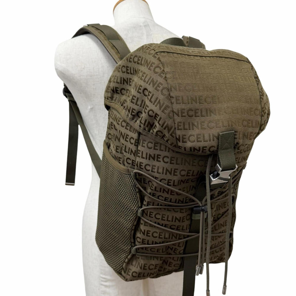 CELINE 198462 Canvas and Leather Trim, Logo Print Trekking Backpack/Daypack, Khaki, Men's, with Dust Bag — Like New