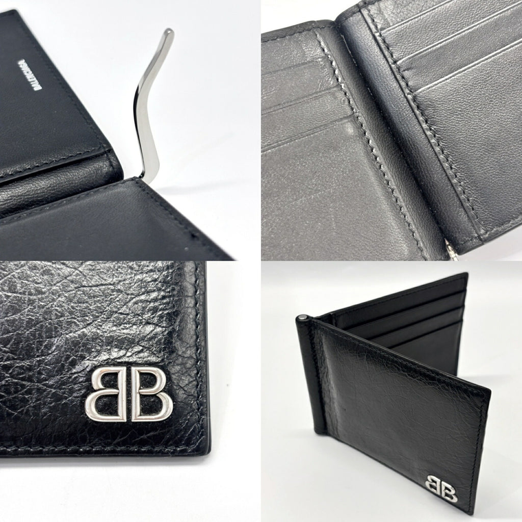 Balenciaga Monaco BB Money Clip Men's Black Lambskin Leather Bifold Wallet, 2024SS, 792665
