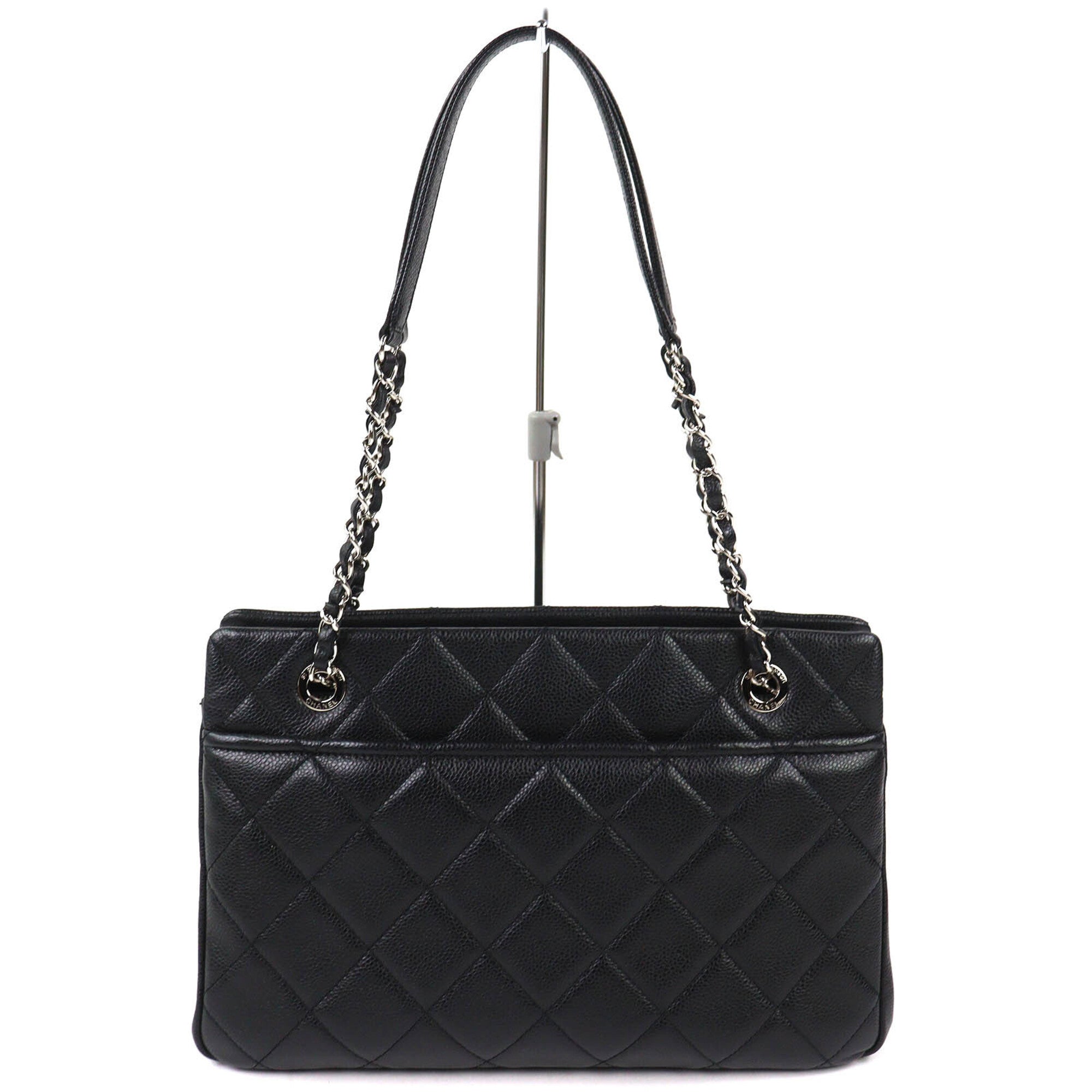 CHANEL A67294 Caviar Skin Coco Mark Matelassé Chain Tote Bag, Black with Silver Hardware, Comes Dust Made in Italy, Women's, Very Popular, Highly Recommended ◎ — Like New