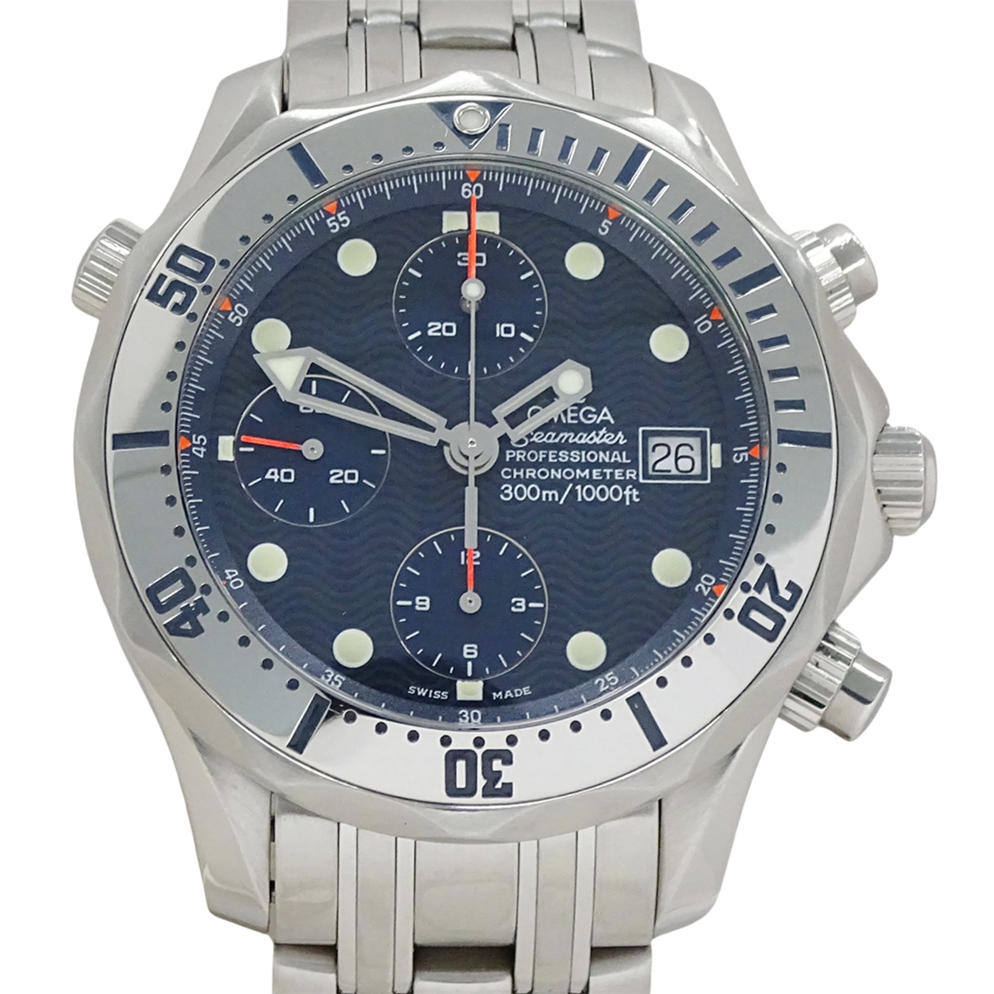 Omega Seamaster 2598.80 Men's Watch, Brand Name, 300m Water Resistant, Chronograph, Date, Automatic Movement, Stainless Steel (SS), Silver/Navy — Good