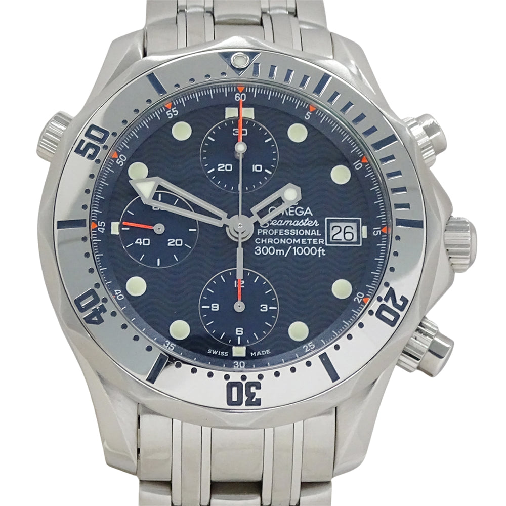 Omega Seamaster 2598.80 Men's Watch, Brand Name, 300m Water Resistant, Chronograph, Date, Automatic Movement, Stainless Steel (SS), Silver/Navy — Good