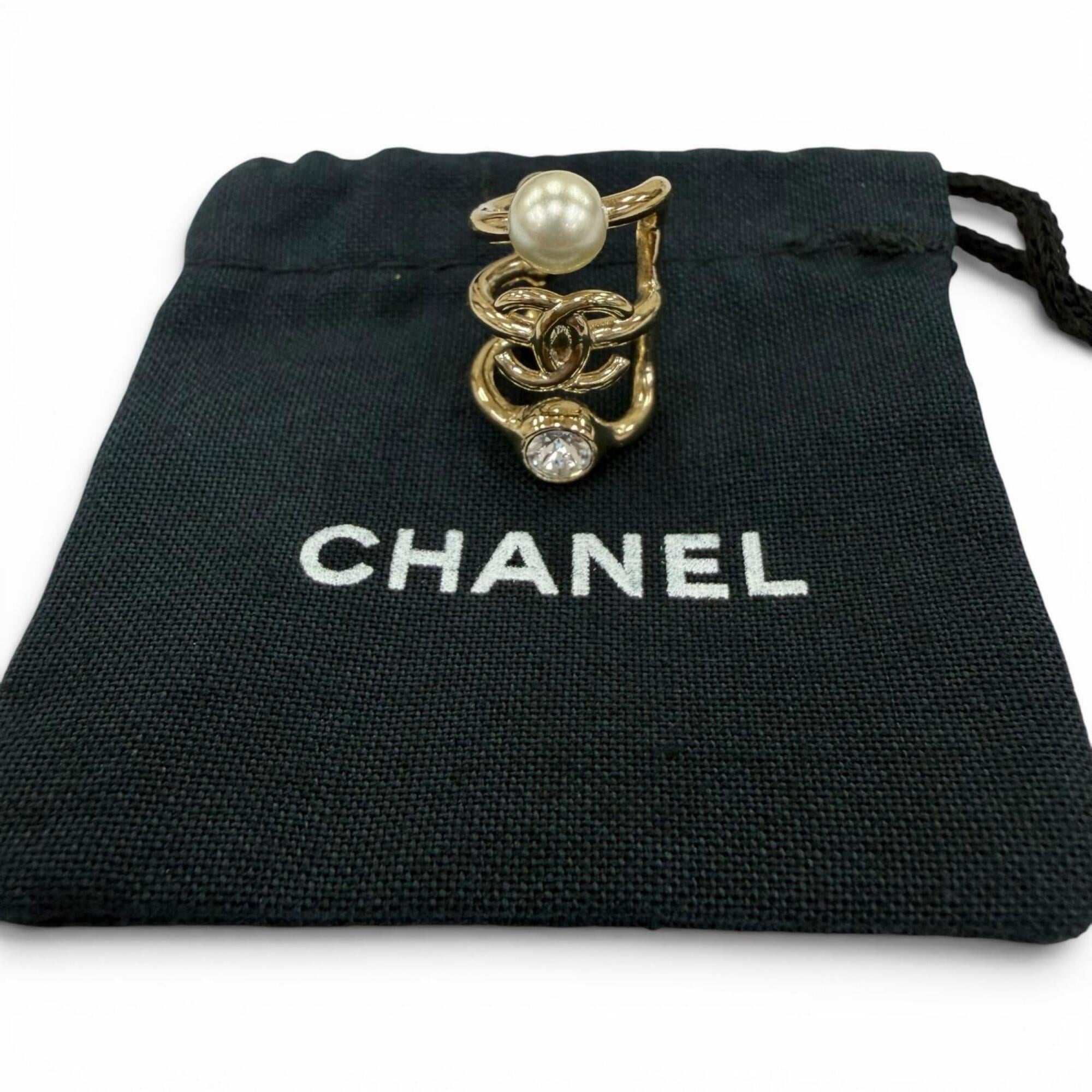 CHANEL B22C Coco Mark Faux Pearl & Rhinestone Triple Strand Ear Cuff Earrings, Gold, Made in Italy, Women's, with Dust Bag — Like New