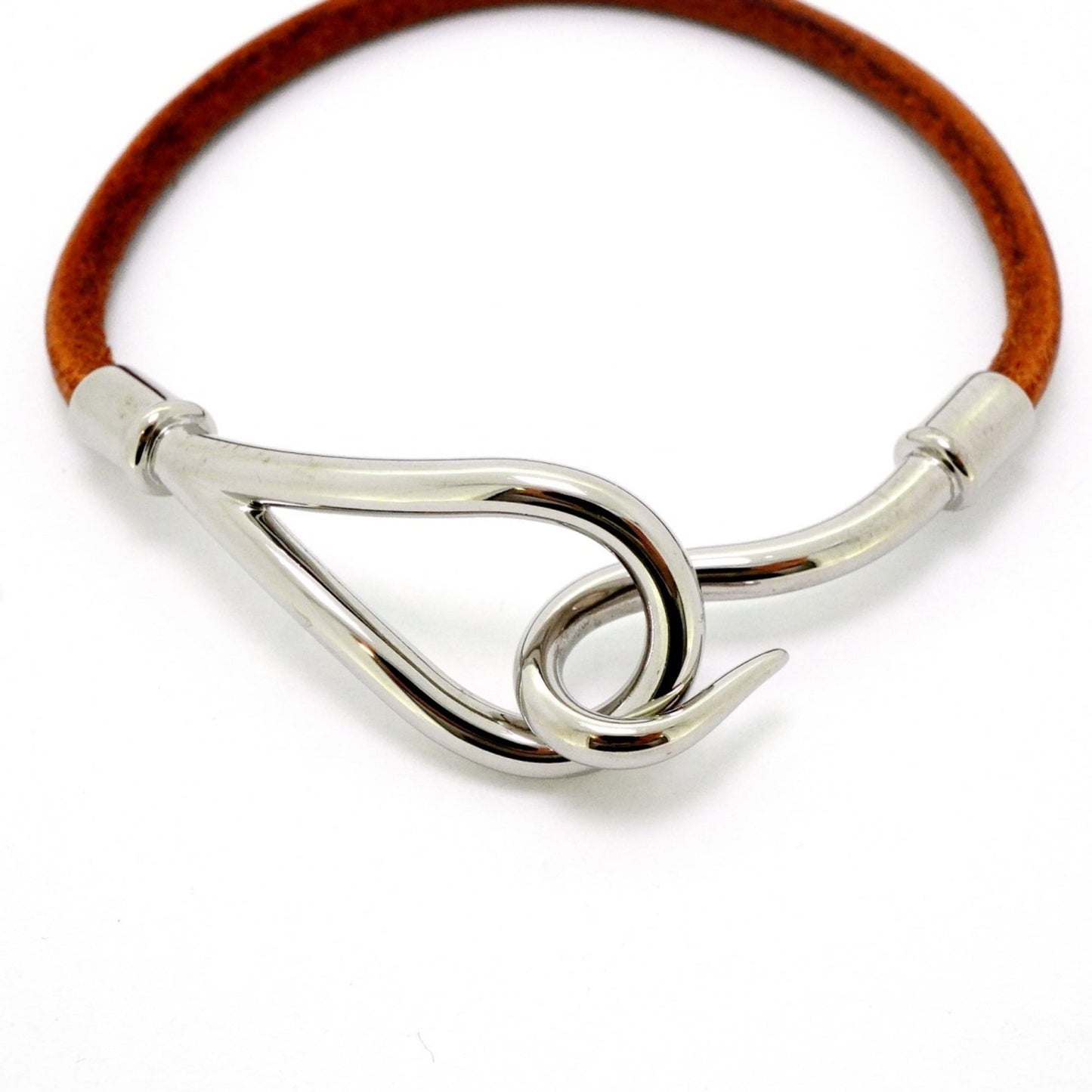 Hermes Jumbo Hook Bracelet, Metal, Leather, Silver, Brown, Women's