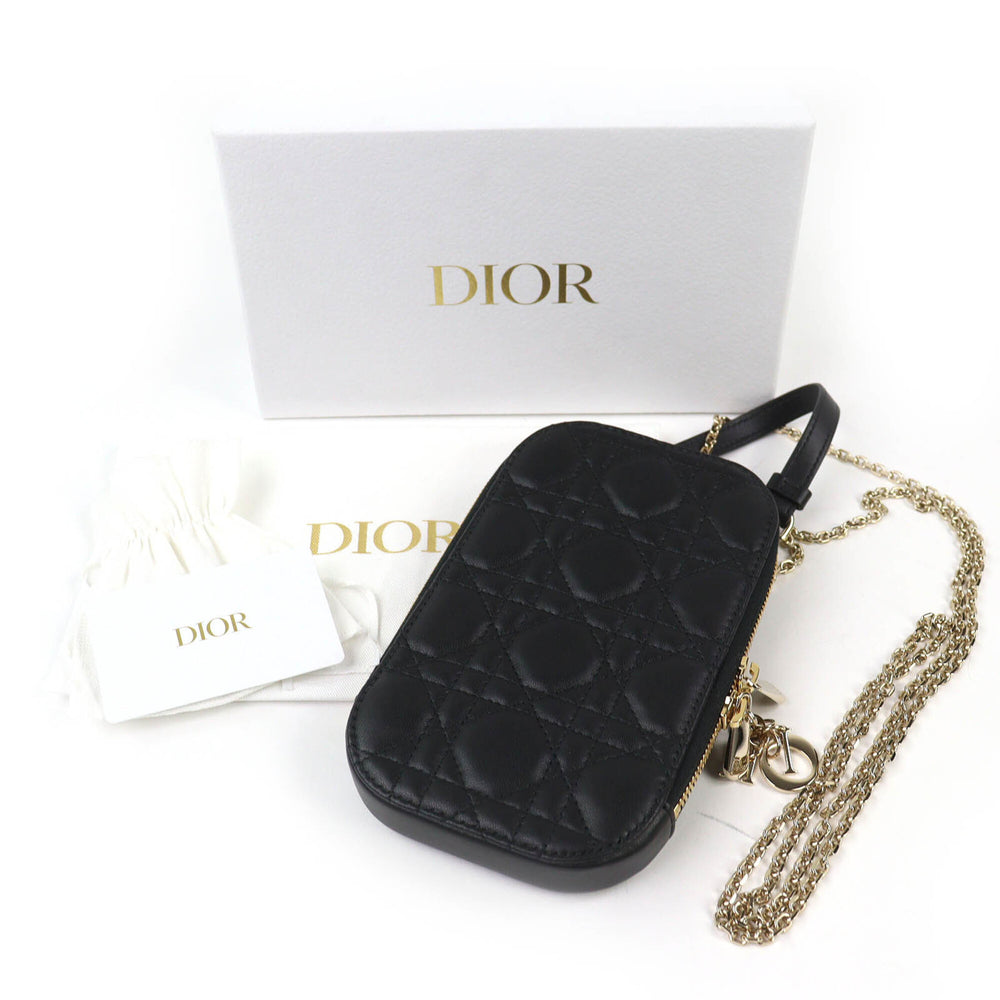 Christian Dior S0872ONMJ Lady Cannage Phone Pouch, Lambskin, Black, Gold Hardware, Made in Italy, Women's — Like New