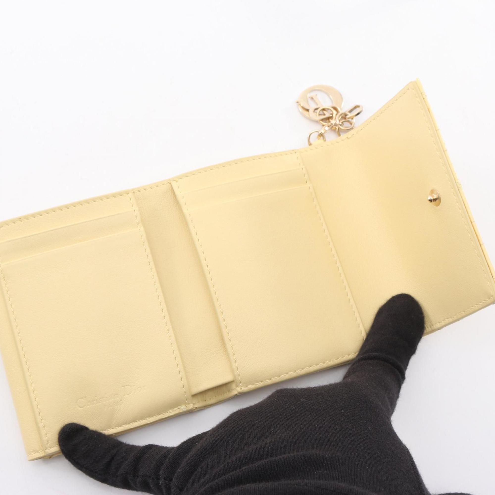 Christian Dior Dior LADY DIOR LOTUS Wallet Cannage Trifold Wallet, Patent Leather, Women's, Yellow, S0181OVRB