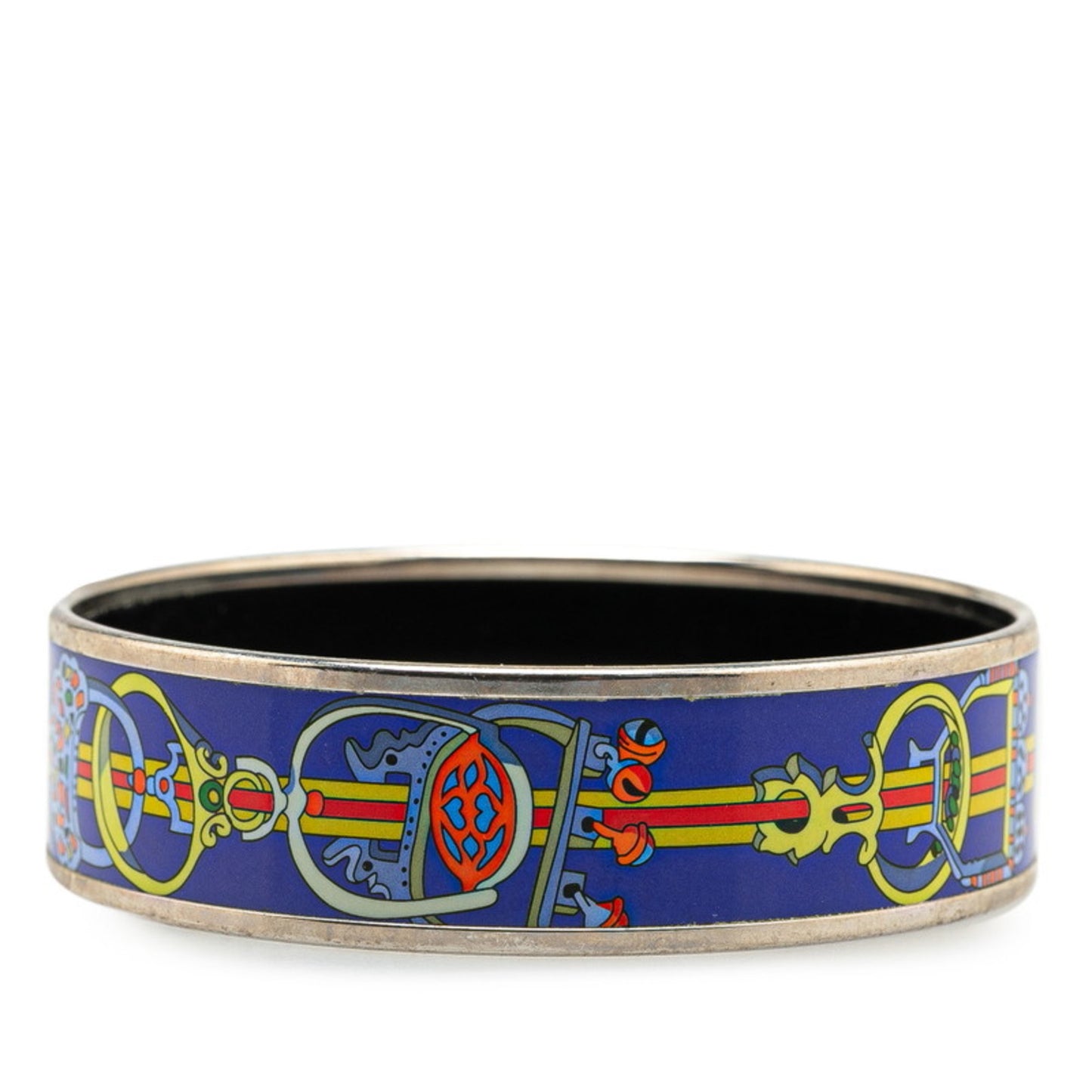 Hermes enamel GM cloisonné bangle in silver, blue, and multicolored metal for women.