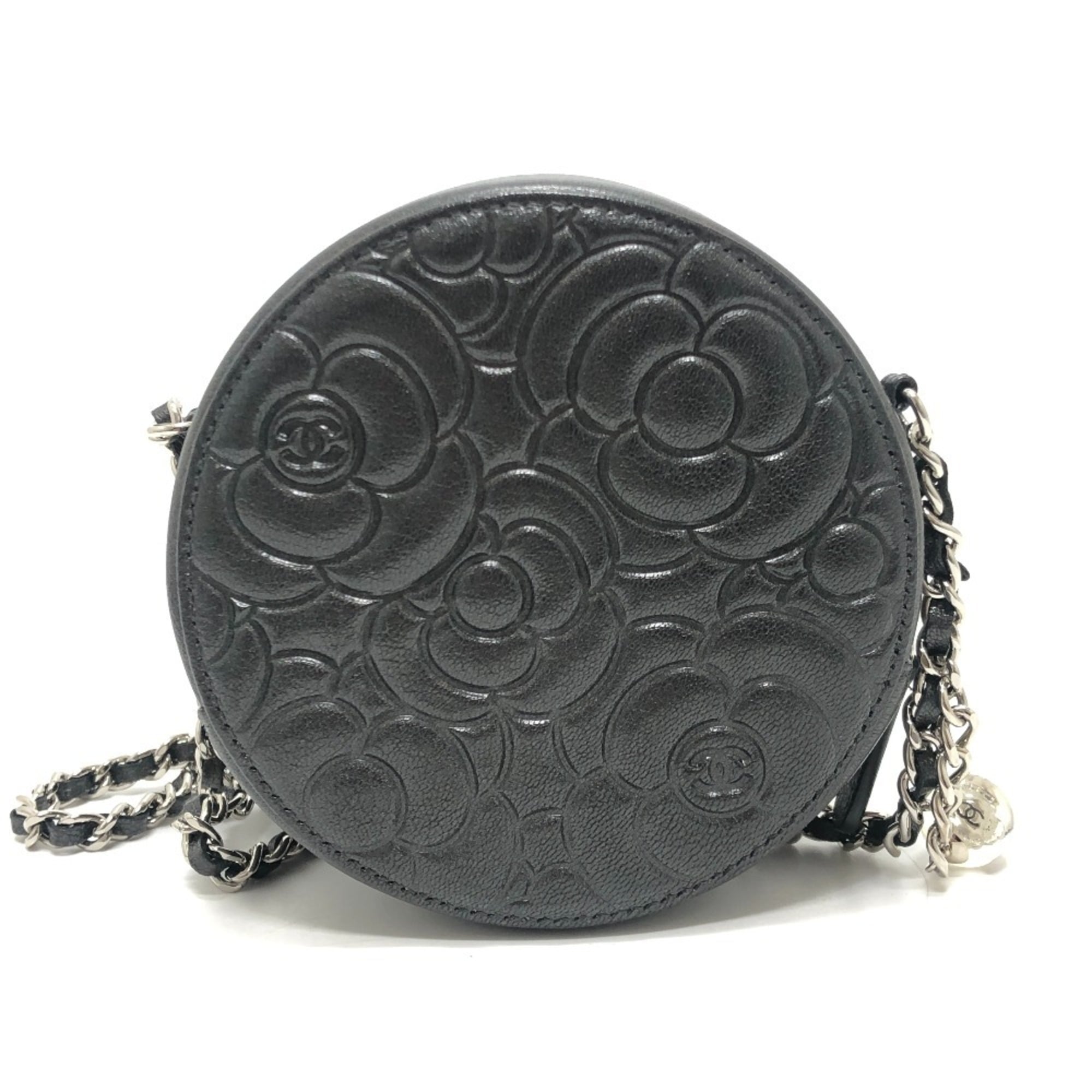 CHANEL Camellia CC Coco Mark Logo Crossbody Bag, Round Mini Shoulder Leather, Women's, Gray — Like New