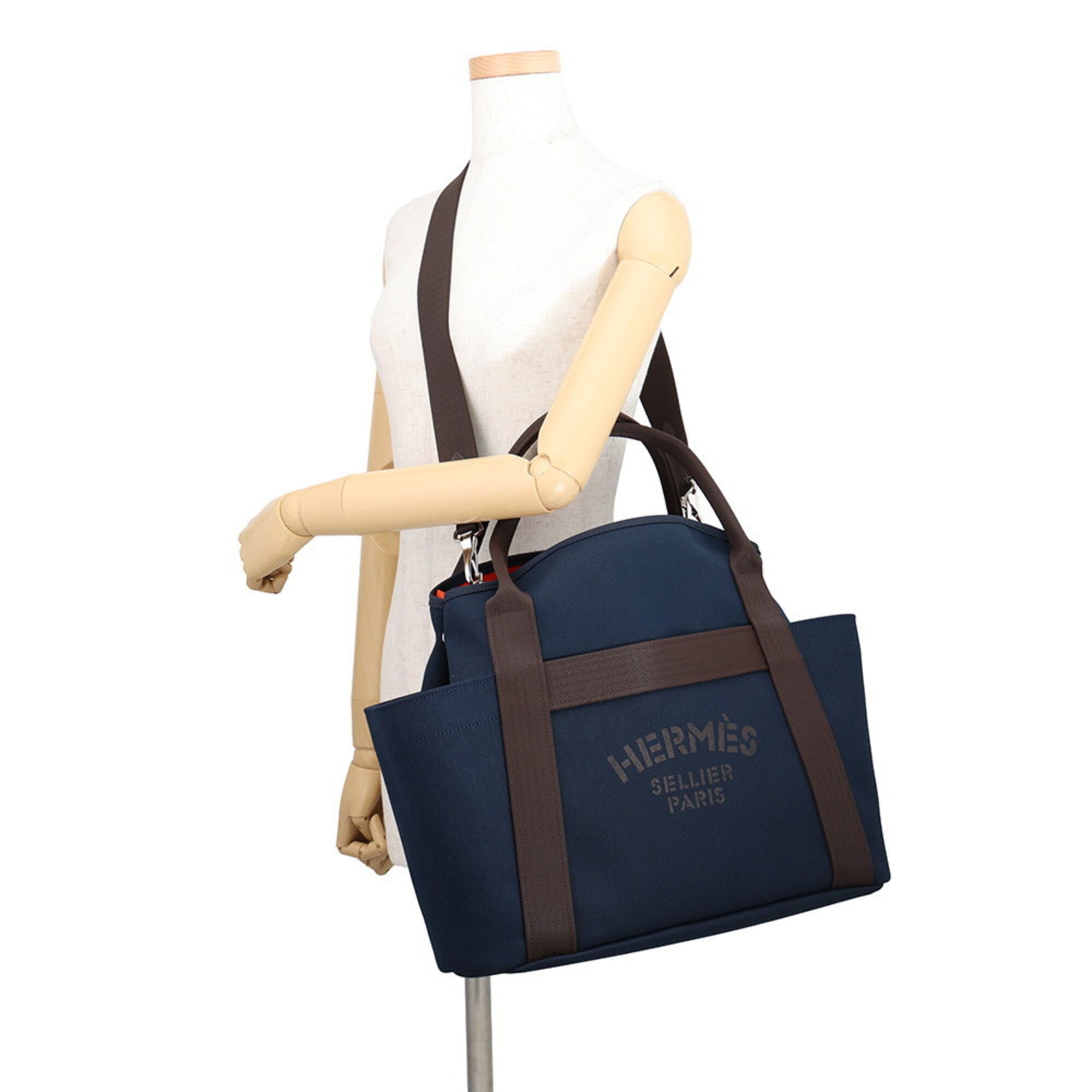 Hermes Sac de Pansage Groom Navy Feu Toile Chevron Canvas K Stamp HERMES Handbag — Like New
