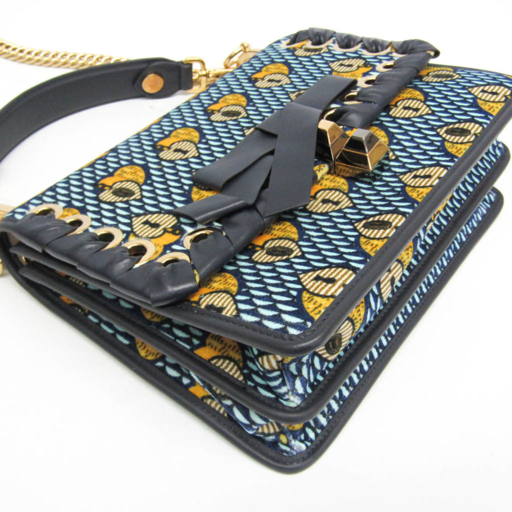 Fendi KAN I 8BT283 Women's Velvet,Leather Handbag,Shoulder Bag Light Blue,Navy,Yellow — Like New