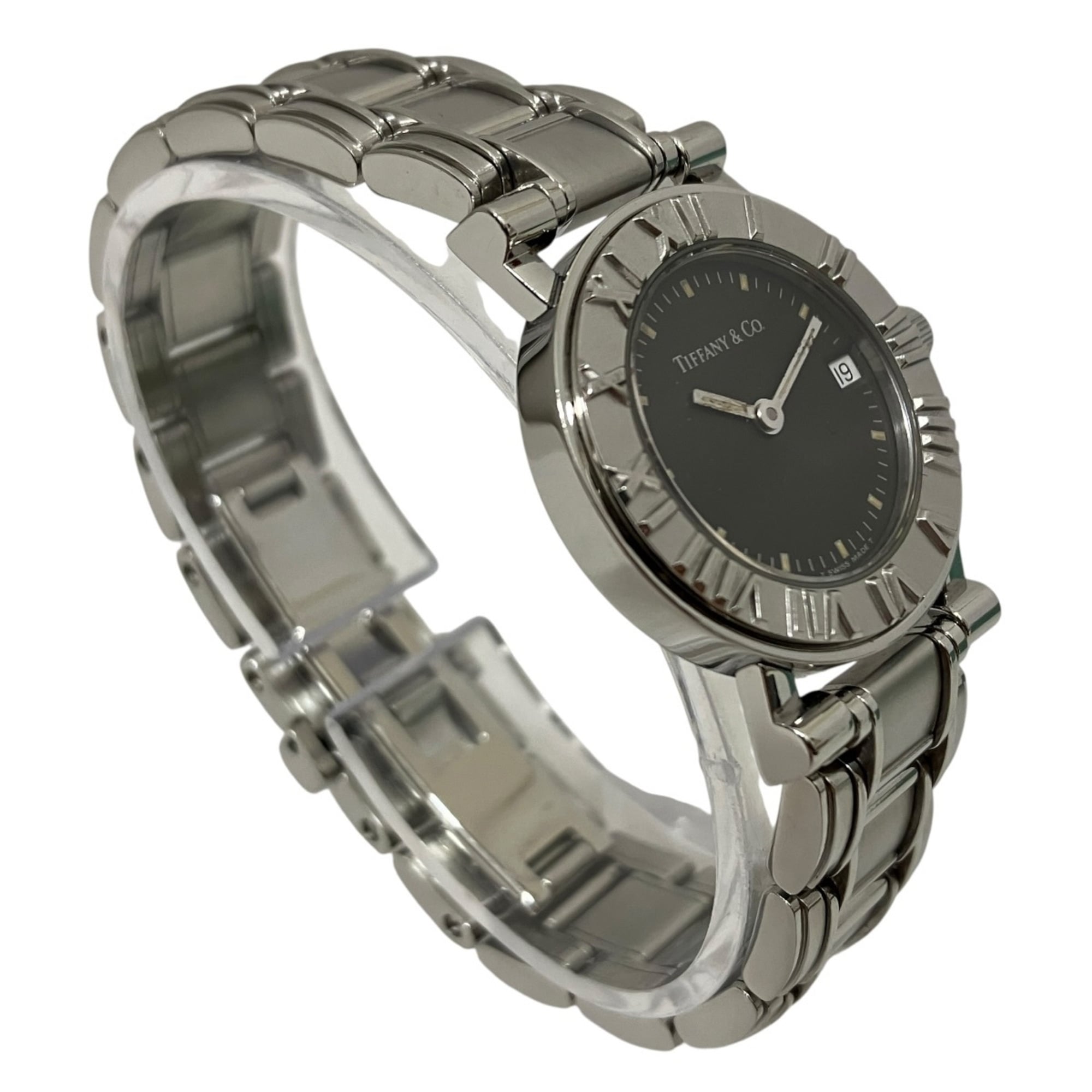 Tiffany & Co. Atlas watch, total weight 53.5g, stainless steel, quartz movement, black dial — Good