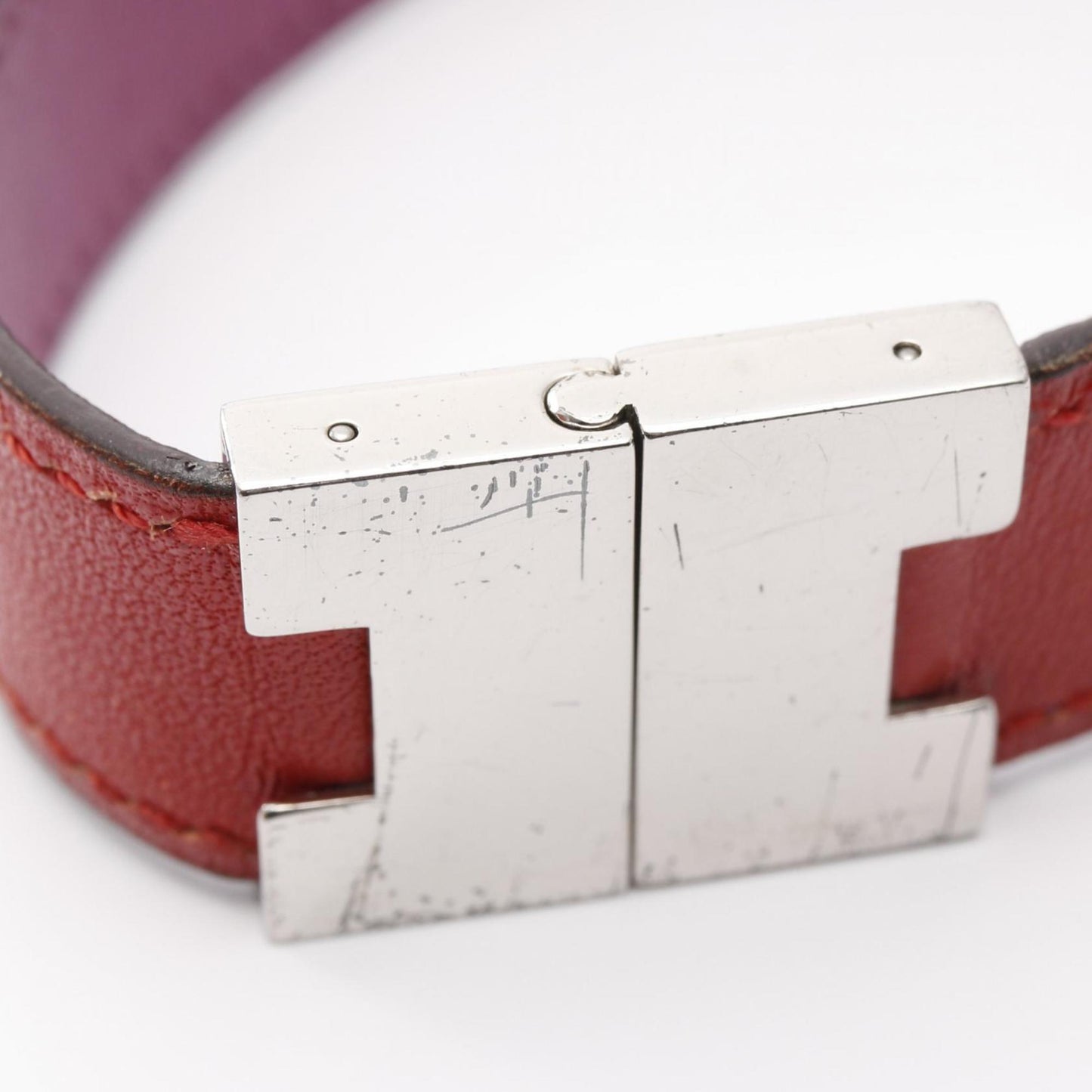 Hermes Hermès Lurie bracelet, stainless steel and leather, available in silver, red, purple.