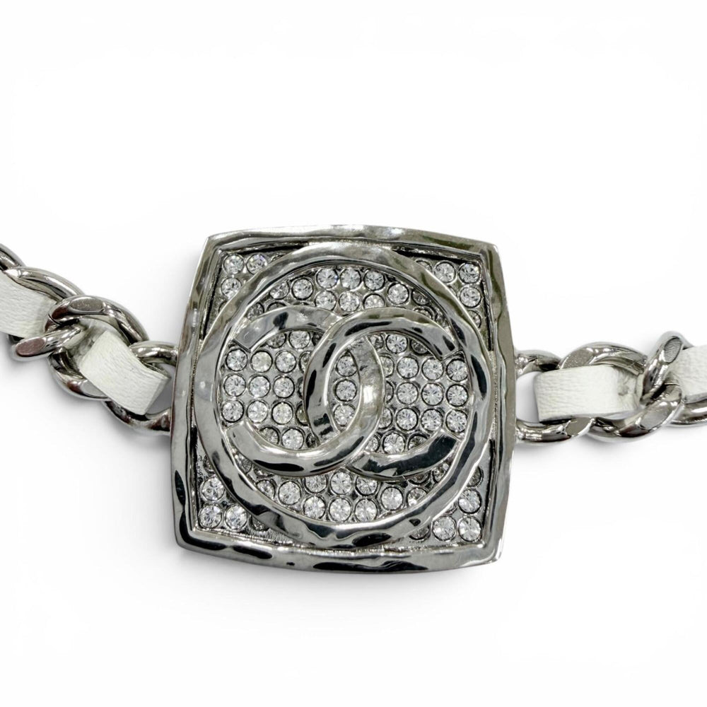 CHANEL (Chanel) 2025 Model B25C Coco Mark Rhinestone Leather Necklace Choker Silver White Made in Italy Women's — Like New