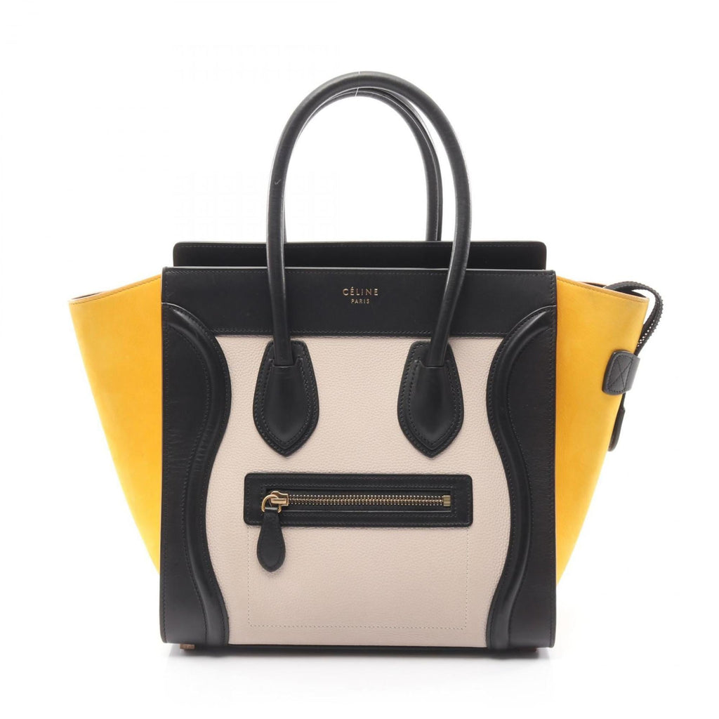 Celine Luggage Micro Shopper Handbag, Leather, Women's, Black, Ivory, Yellow