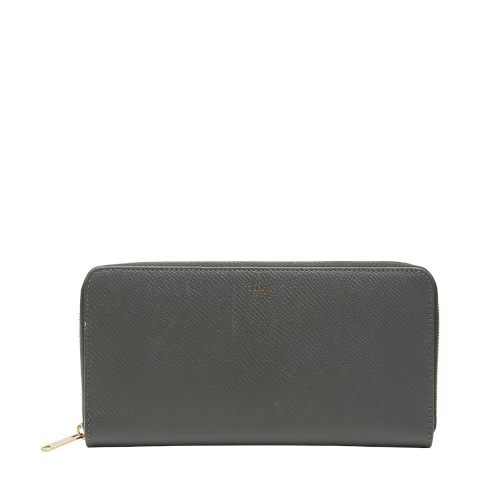 Celine round zipper long wallet in gray leather for women.