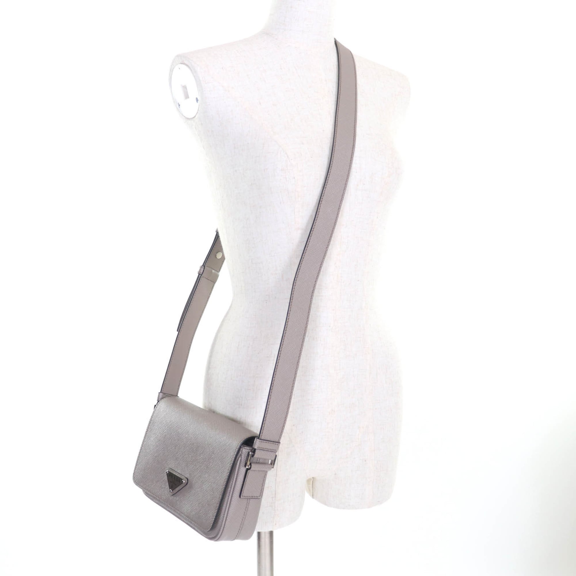 PRADA 2VD065 Saffiano Leather Argilla Shoulder Bag with Triangle Logo Plate, Dust Bag, Made in Italy, Women's — Like New
