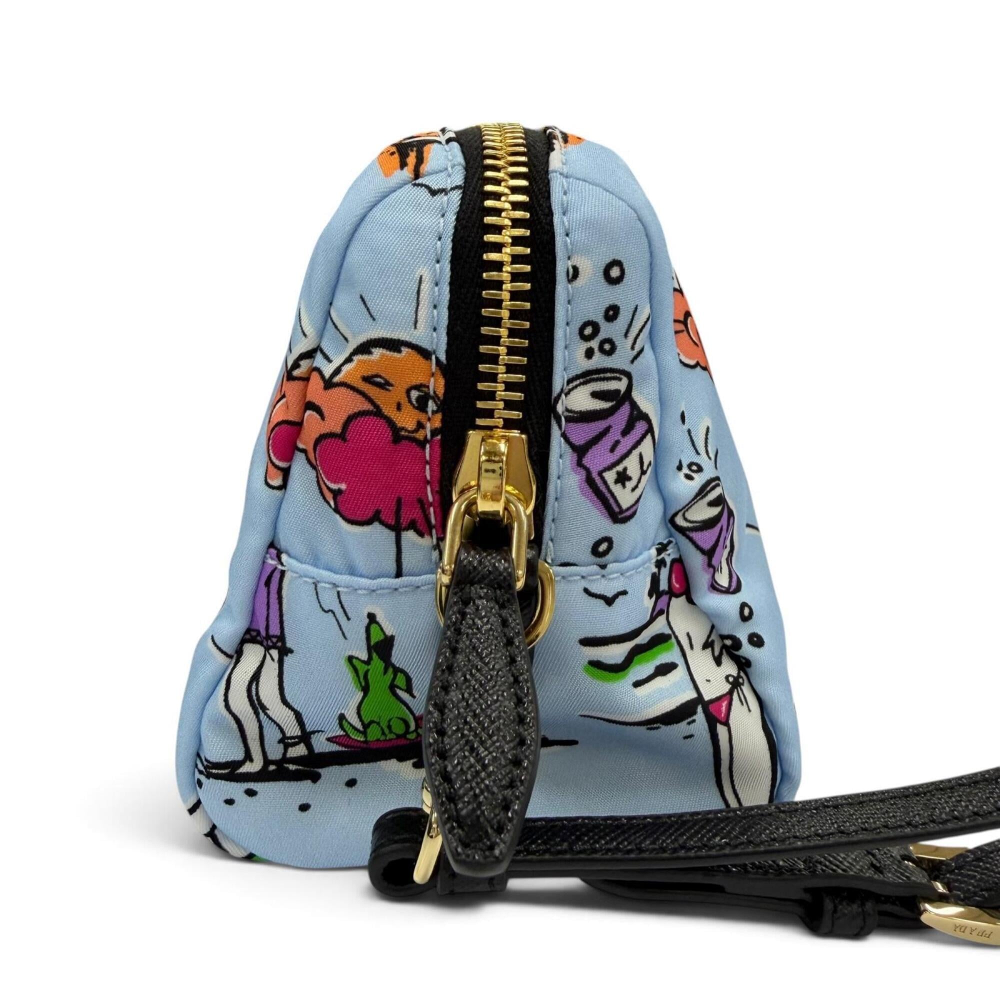 PRADA 1NS693 Triangle Logo Re-Nylon Surf Print Cosmetic Pouch with Wristlet, Blue, Made in Italy, Women's, Box — Like New