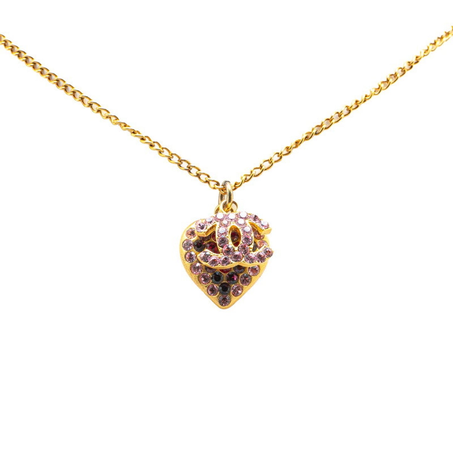 Chanel Coco Mark Heart Motif Rhinestone Necklace, Gold and Pink Plated, Women's