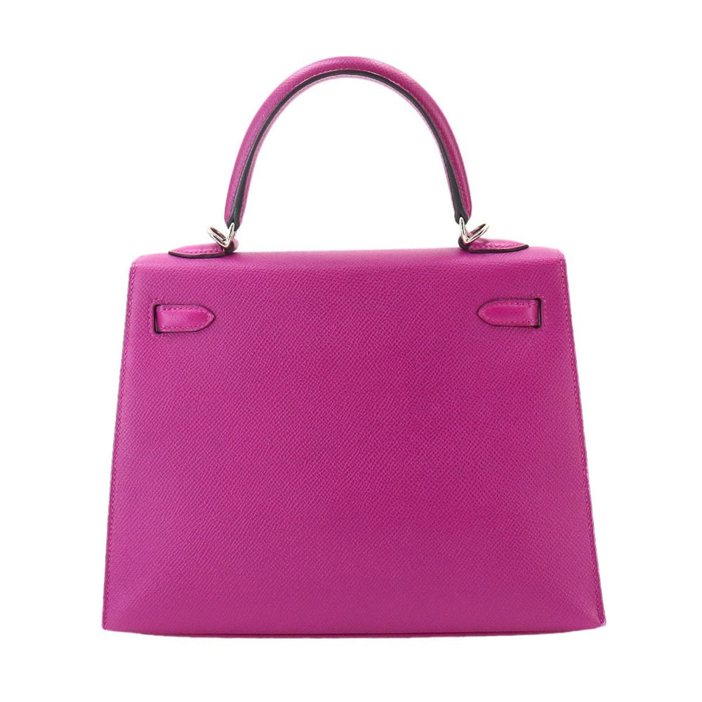Hermes Kelly 25 Epsom Rose Purple 2-way Handbag Shoulder Bag with external stitching, C stamp, silver hardware — Like New