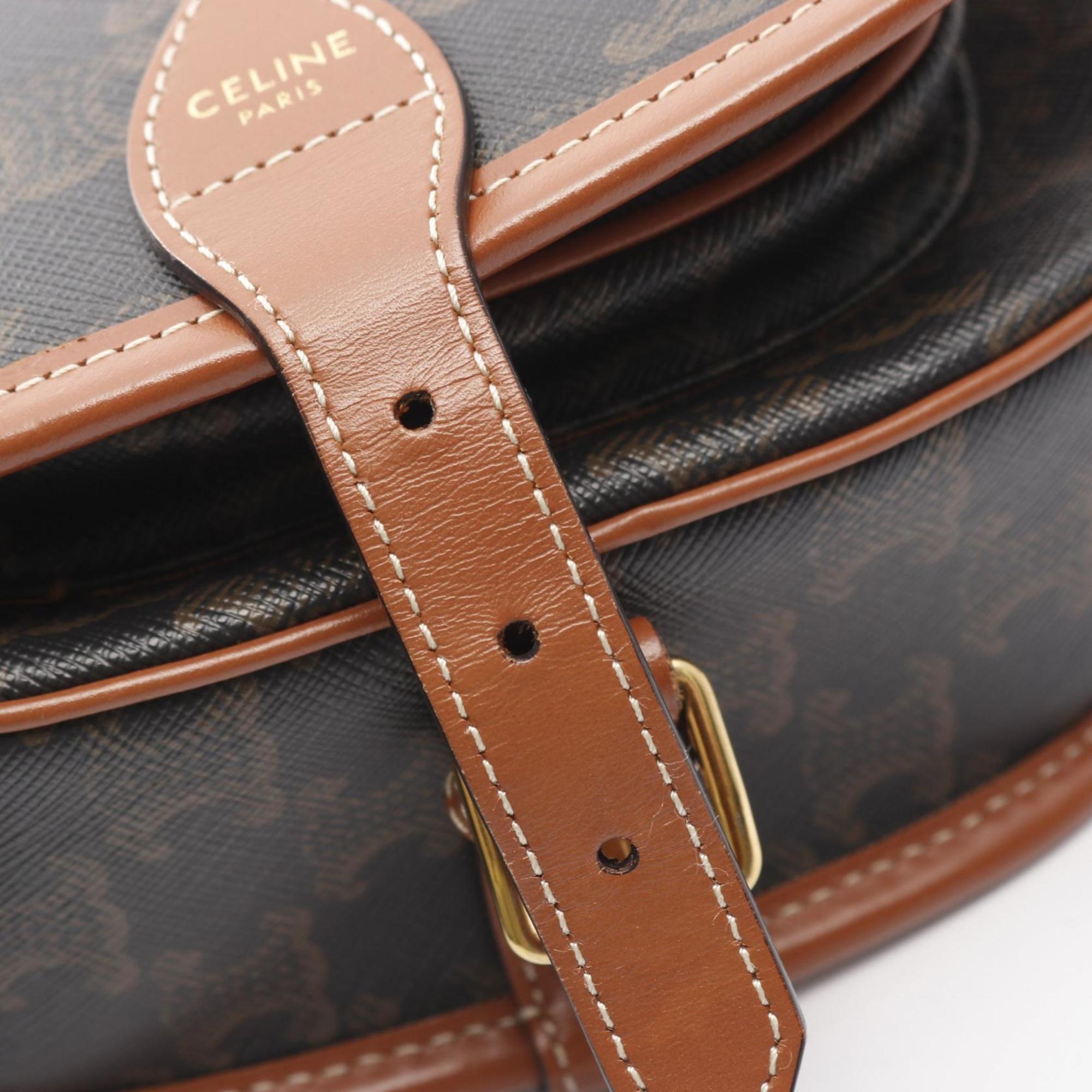 Celine Folco Medium Triomphe Shoulder Bag, Coated Canvas and Leather, Women's, Black Brown