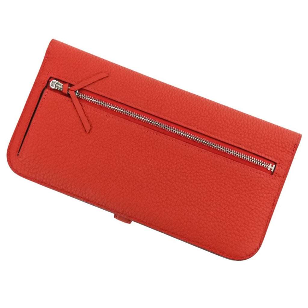 HERMES Dogon Long Wallet in Taurillon Clemence Leather with Silver Hardware, K Stamp, Made 2025, Red, Women's