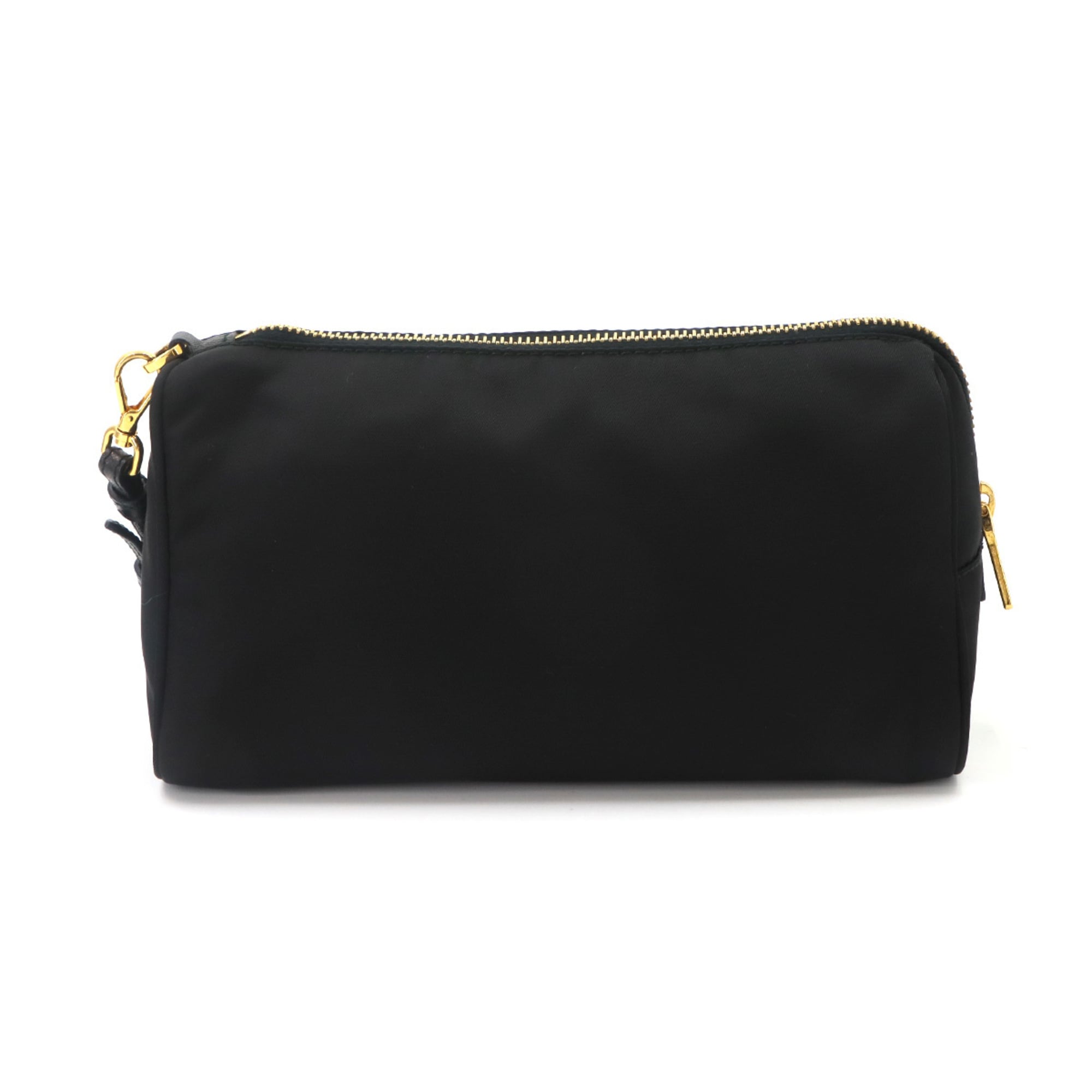 Prada handbag/pouch, nylon, Saffiano leather, black, gold hardware — Like New