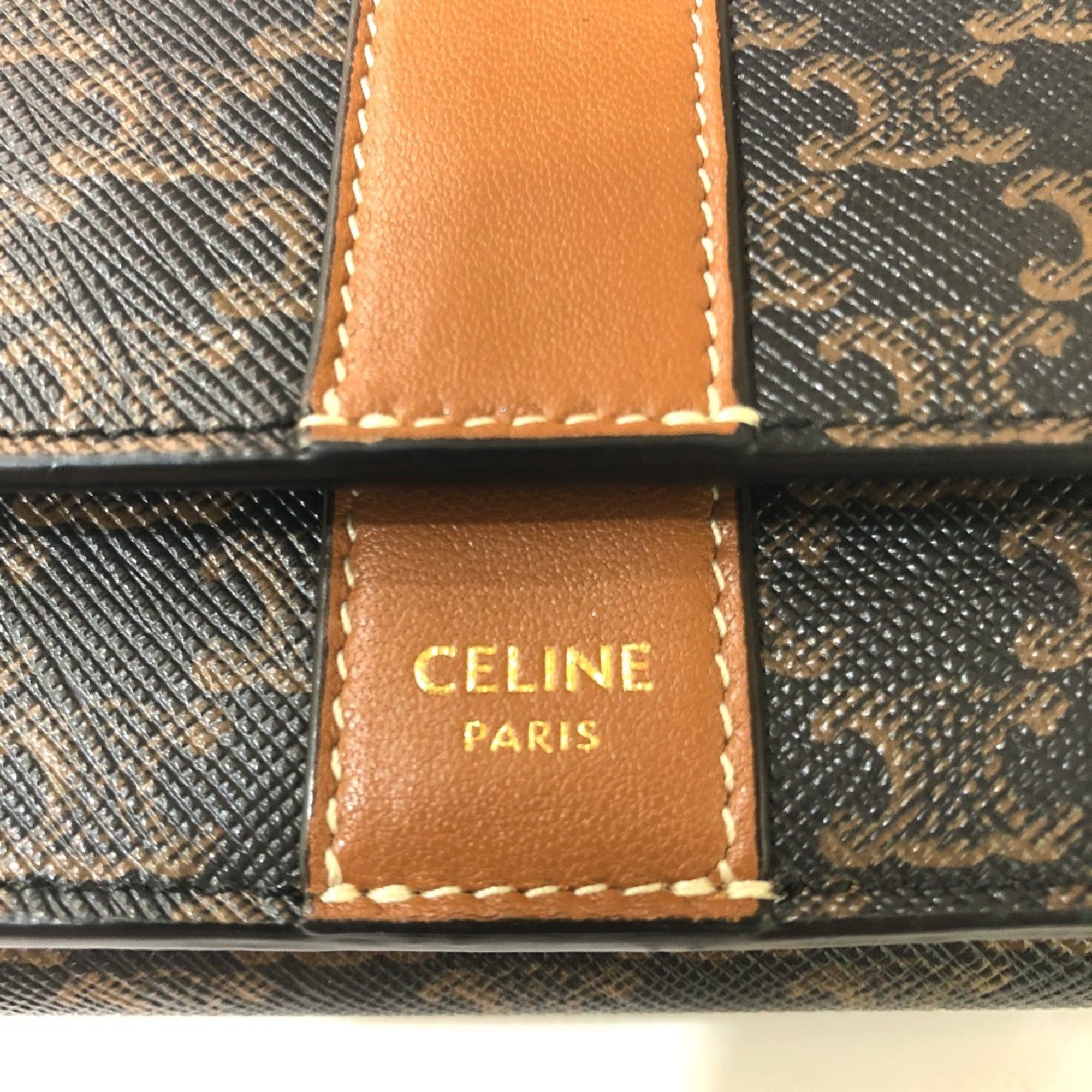 CELINE Triomphe Small Trifold Compact Wallet, PVC/Leather, Women's, Brown
