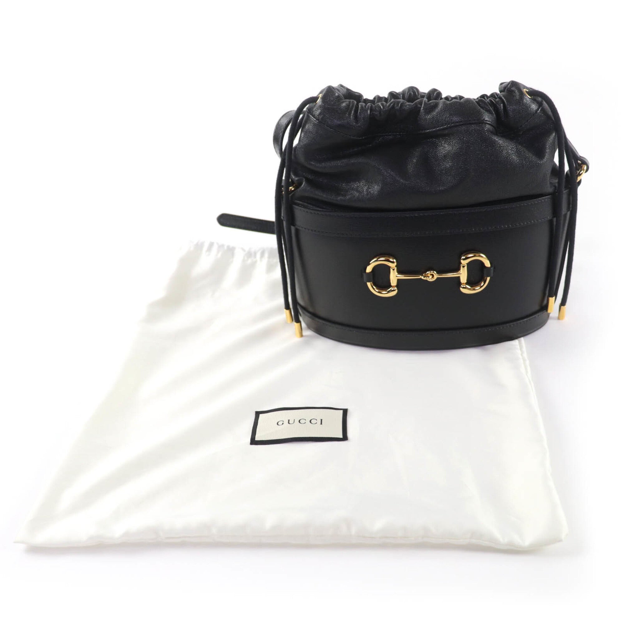 GUCCI 602118 Horsebit Leather Bucket Bag Shoulder Black Gold Hardware with Dust Made in Italy Women's — Like New