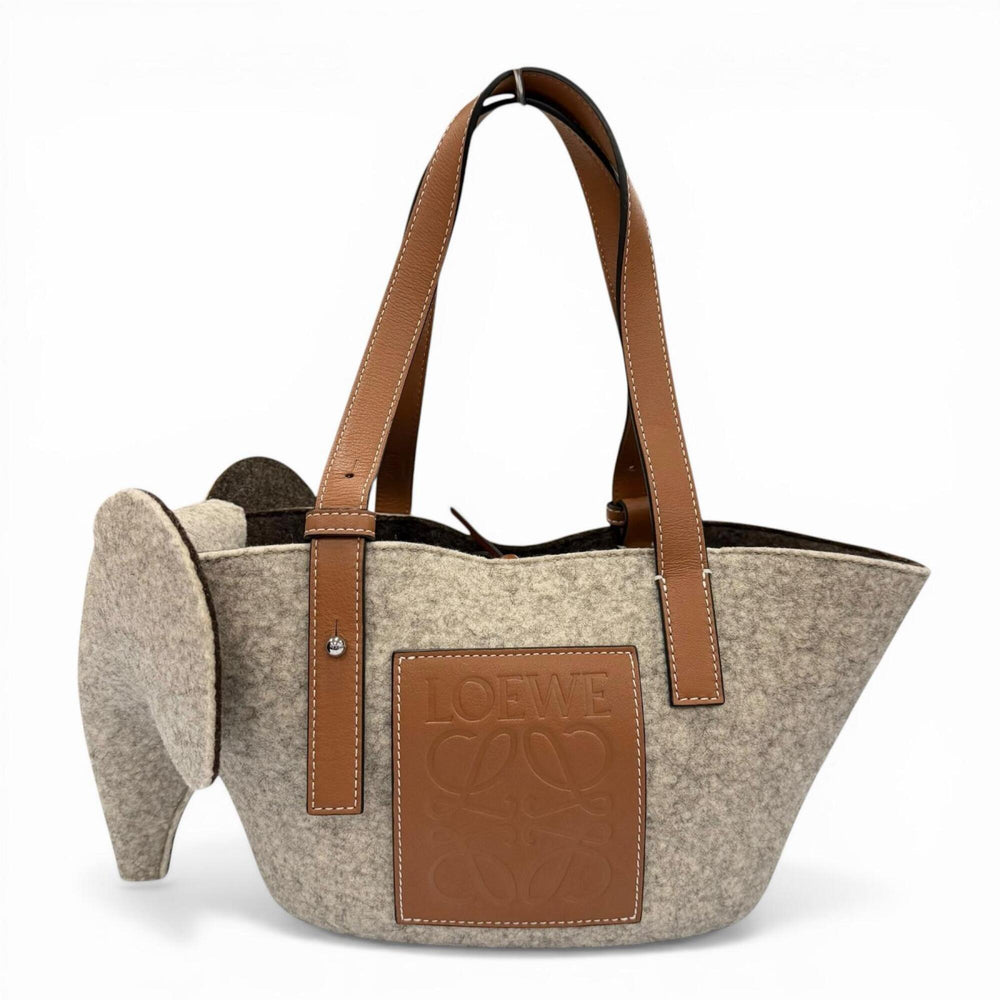 LOEWE Felt Leather Elephant Basket Anagram Logo Handbag, Gray/Brown, Made in Spain, Women's — Like New