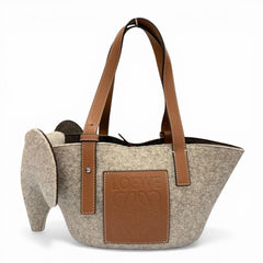 LOEWE Felt Leather Elephant Basket Anagram Logo Handbag, Gray/Brown, Made in Spain, Women's — Like New
