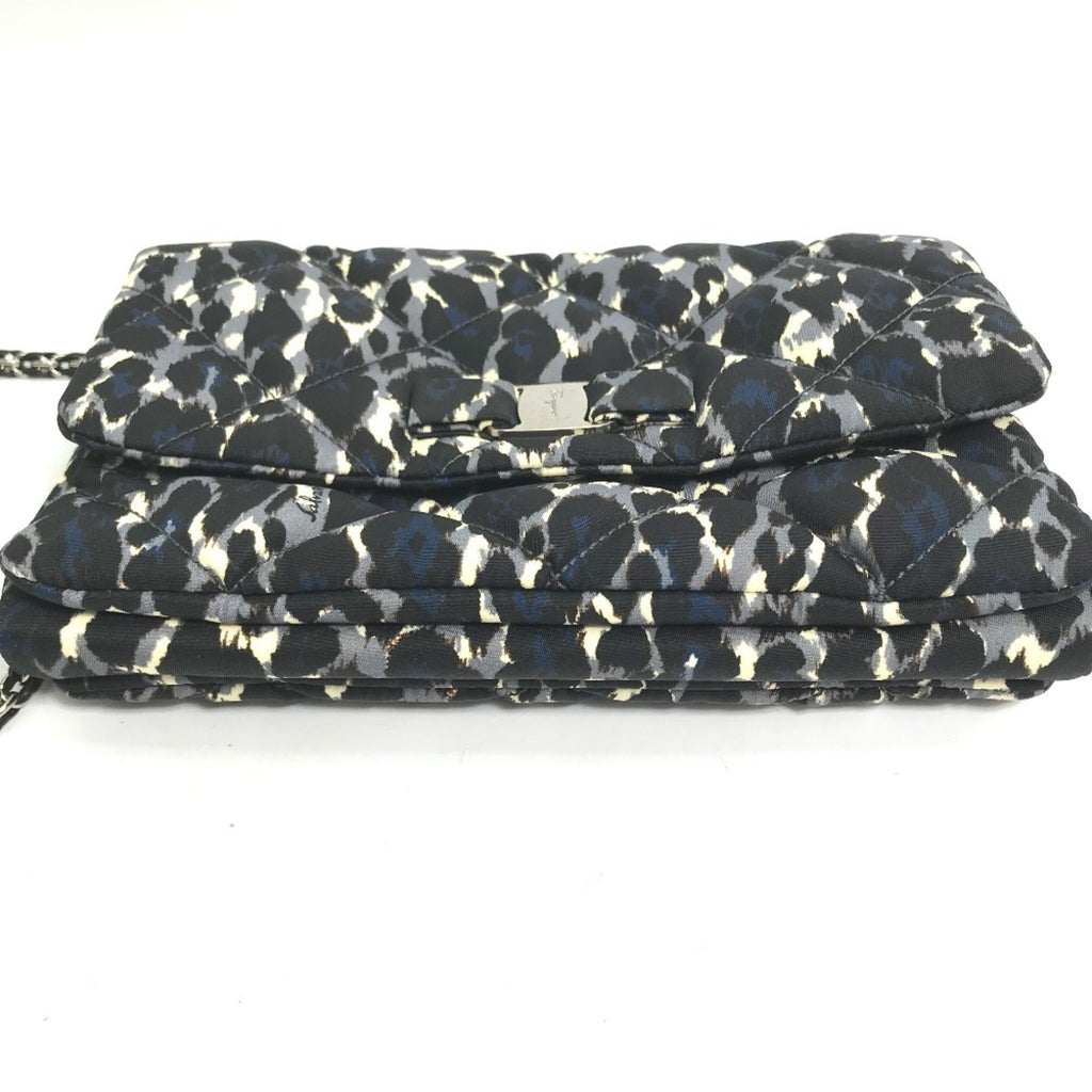 Salvatore Ferragamo E834 Vara Ribbon Leopard Chain Shoulder Bag in Nylon/Leather, Black