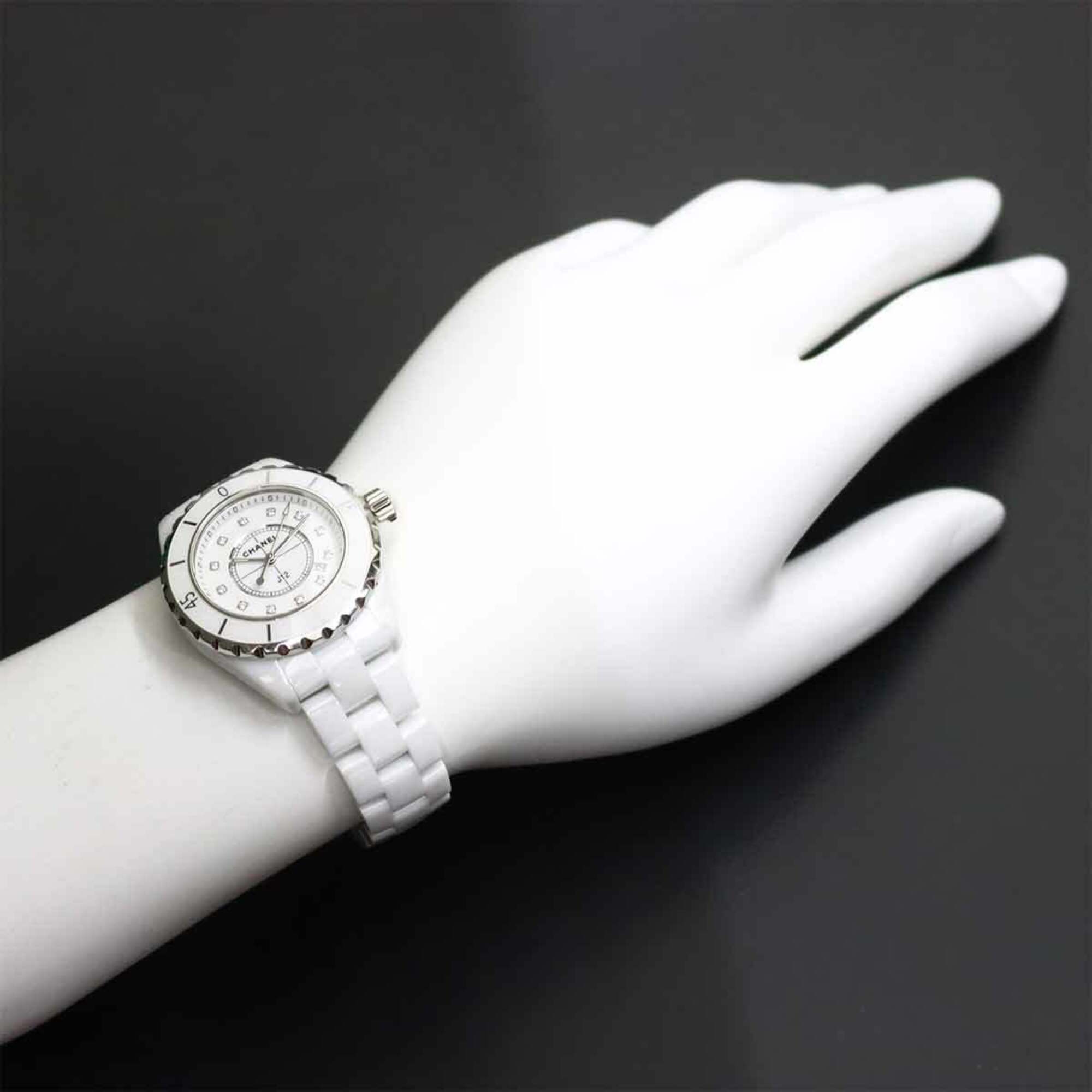 Chanel J12 33mm H1628 Women's Watch, 12 Diamonds, Date Display, White Ceramic Quartz Watch — Very Good