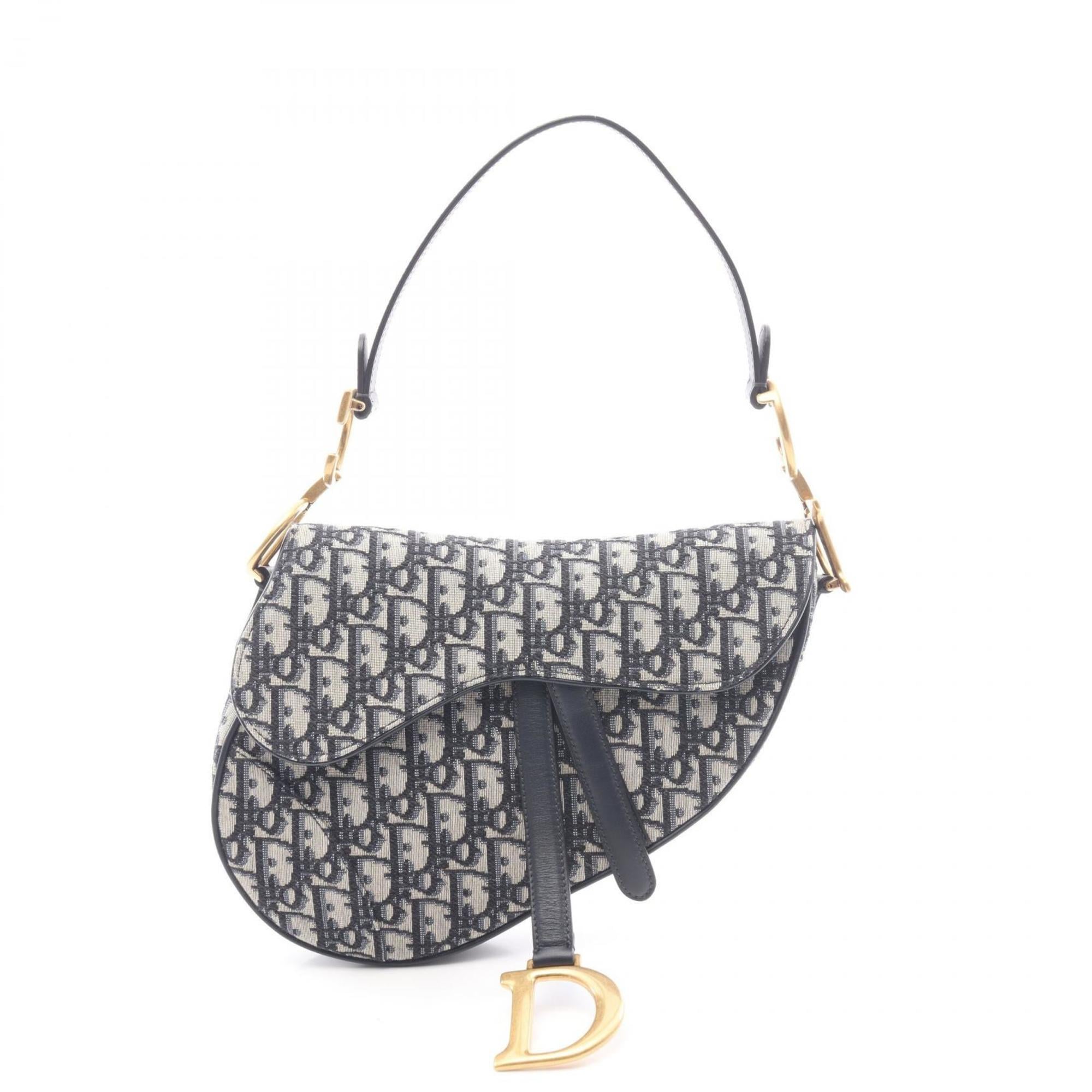 Christian Dior Dior Saddle Bag Oblique Handbag Canvas Leather Women's Ivory Navy