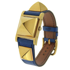 Hermès Medor Men's Watch, Gold-Plated Leather, Quartz Movement, Analog Display, White Dial — Good