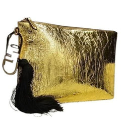 FENDI Clutch Bag Large Flat Pouch 8N0178 Gold Leather Men's Women's Tassel — New - Store Return