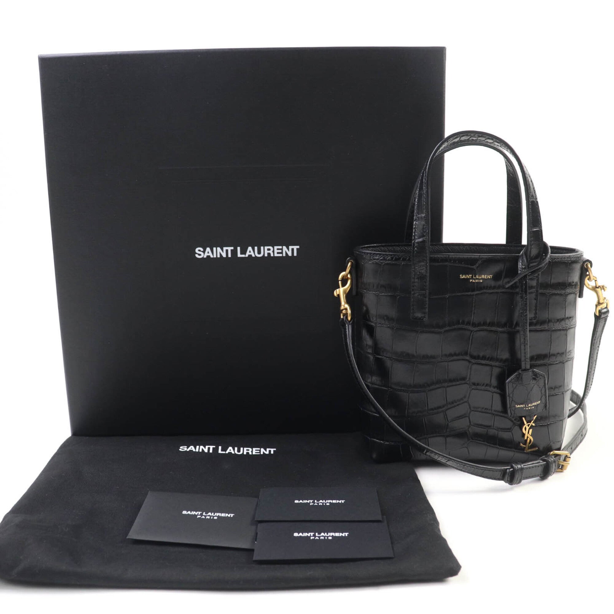 SAINT LAURENT 712367 Mini Toy Shopping Leather Crocodile Embossed 2-Way Handbag/Shoulder Bag, Black, with Box and Dust Made in Italy, Women's — Like New