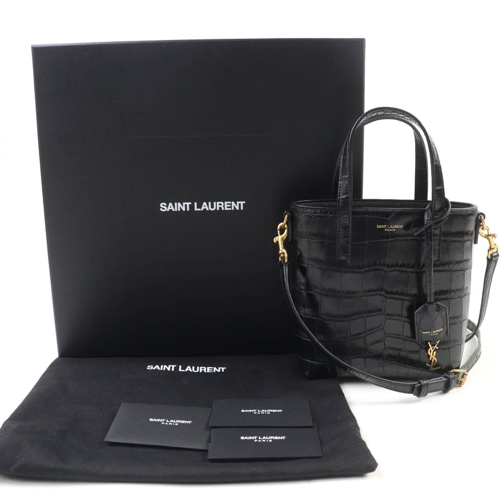 SAINT LAURENT 712367 Mini Toy Shopping Leather Crocodile Embossed 2-Way Handbag/Shoulder Bag, Black, with Box and Dust Made in Italy, Women's — Like New
