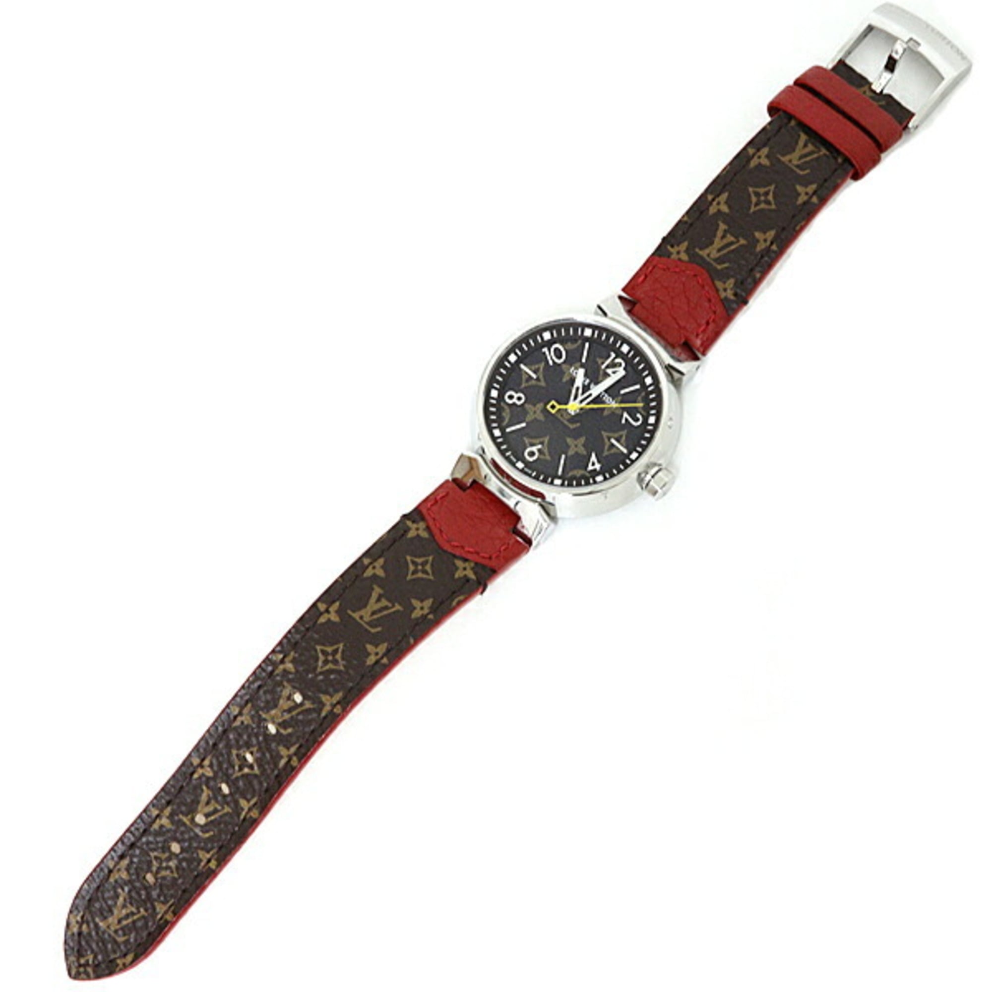 Louis Vuitton women's watch, Tambour QA071, Monogram pattern, brown dial, quartz movement, recently refinished — Very Good
