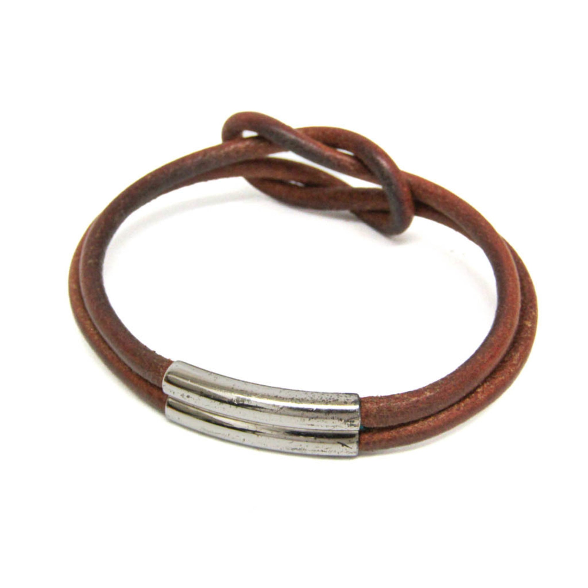 Hermes Hercule Leather,Metal Bangle Silver,Brown